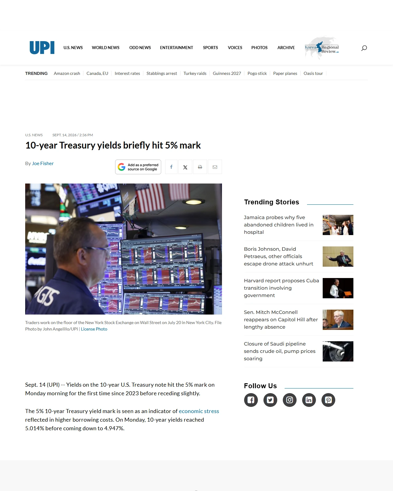 upi.com as published: 10-year Treasury yields briefly hit 5% mark