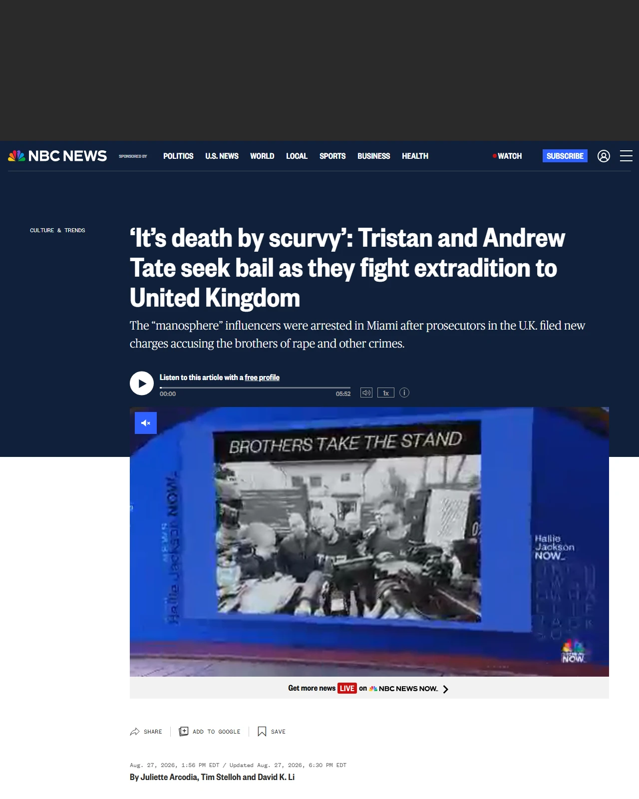nbcnews.com as published: Tristan Tate testifying for his bail as he and brother fight extradition to U.K.