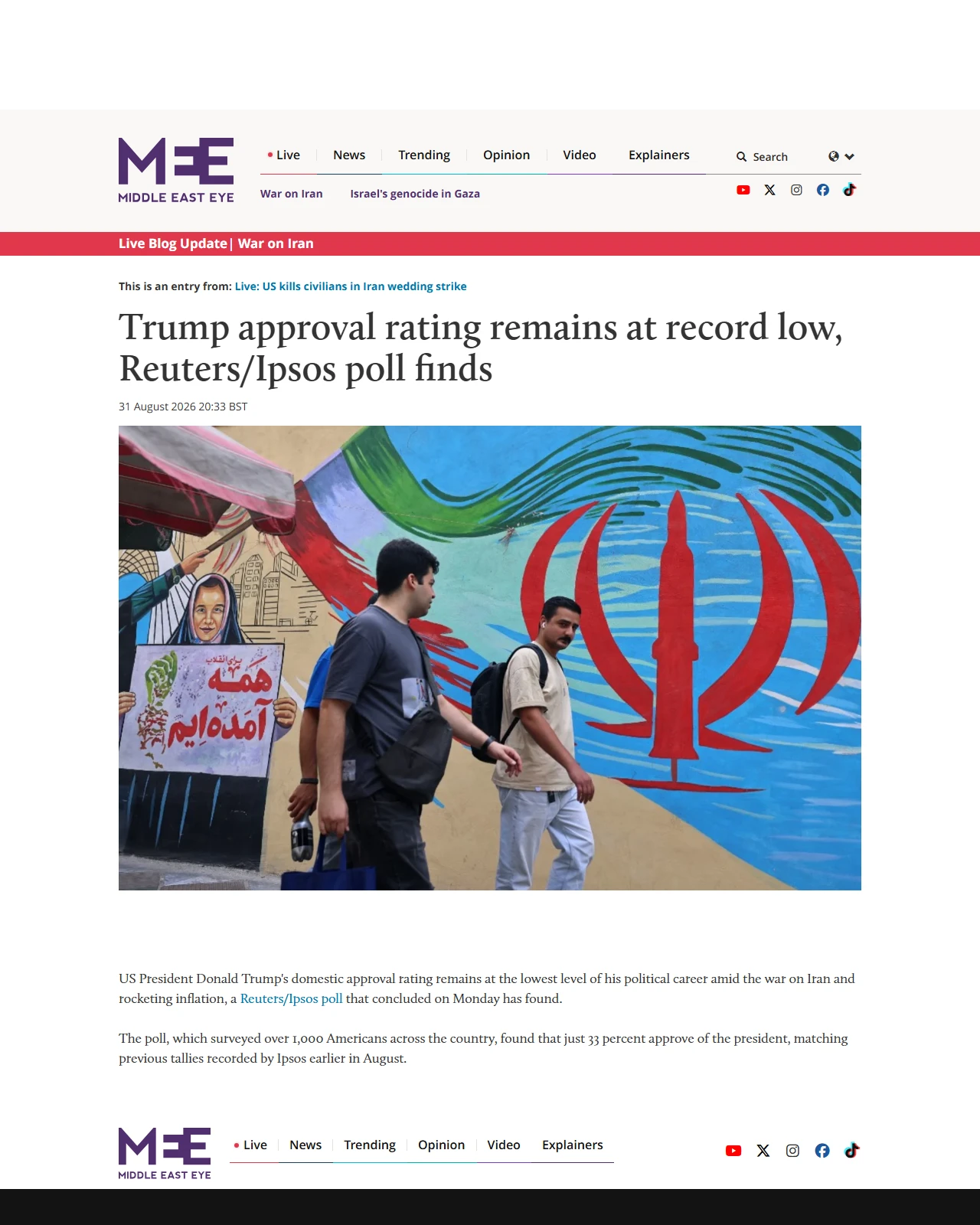middleeasteye.net as published: Trump approval rating remains at record low, Reuters/Ipsos poll finds