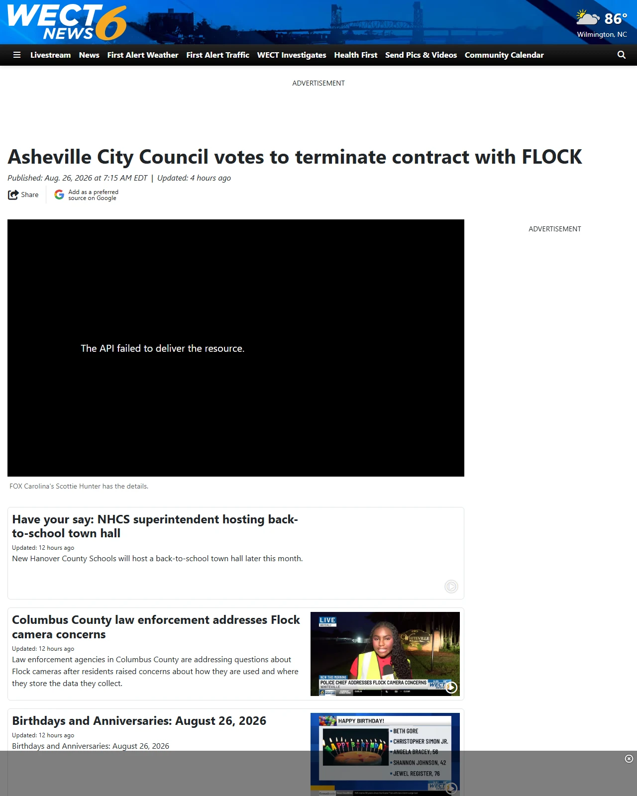wect.com as published: Asheville City Council votes to terminate contract with FLOCK