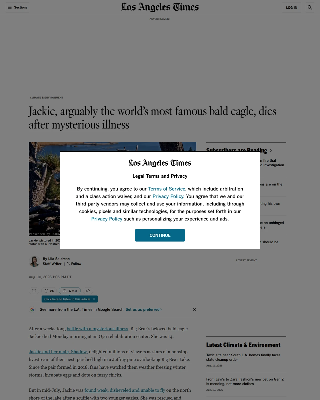 latimes.com as published: Jackie, arguably the world's most famous bald eagle, dies after mysterious illness
