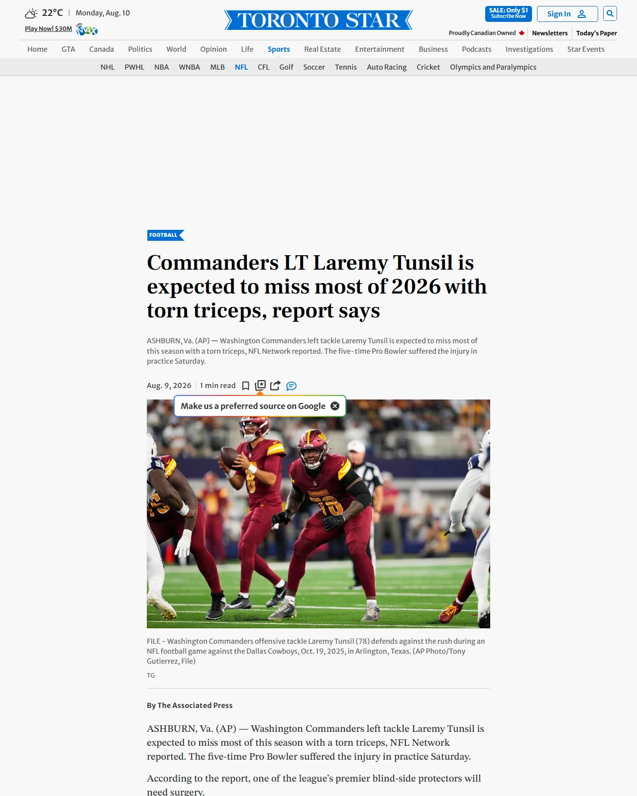 thestar.com as published: Commanders LT Laremy Tunsil is expected to miss most of 2026 with torn triceps, report says