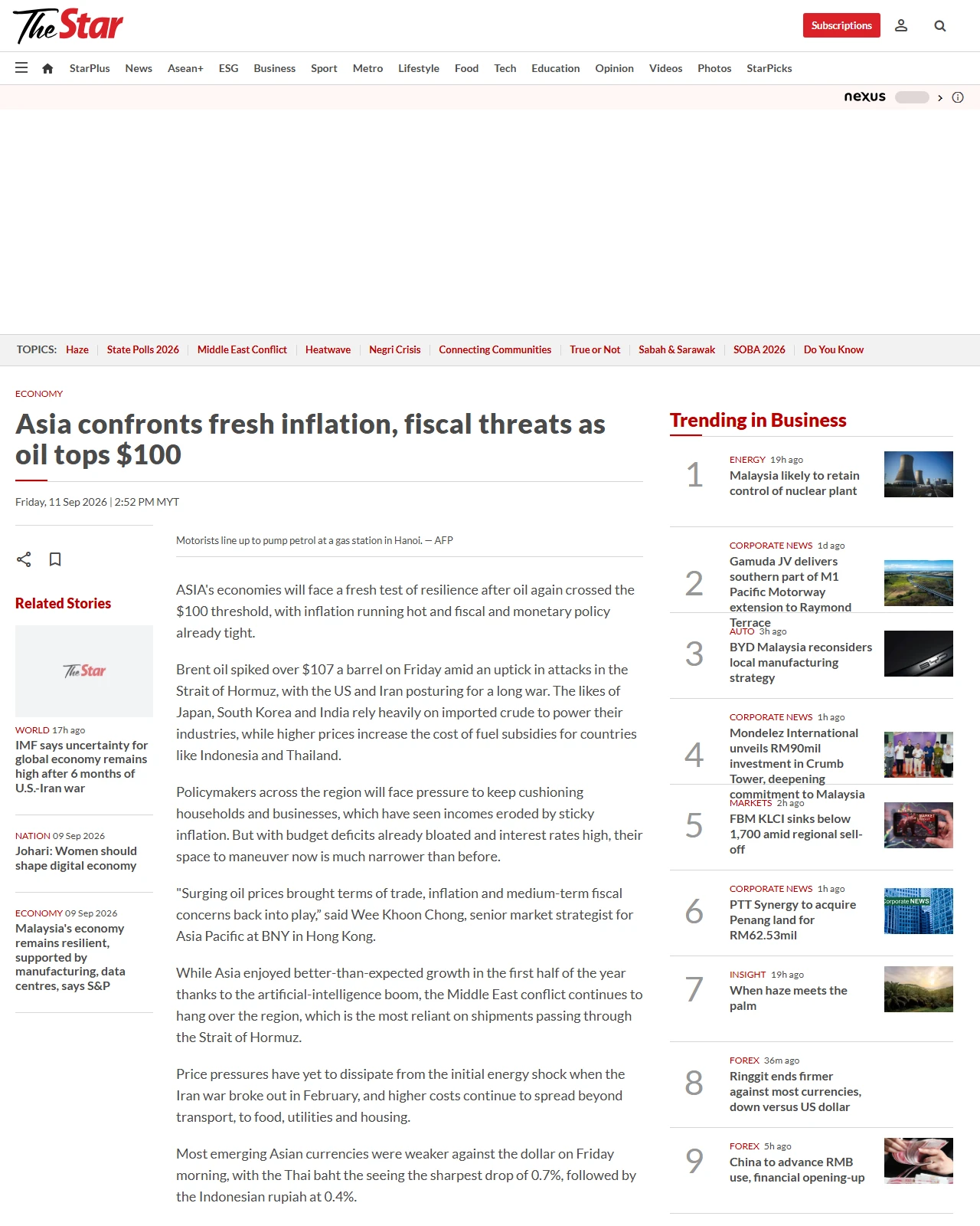 thestar.com.my as published: Asia confronts fresh inflation, fiscal threats as oil tops $100