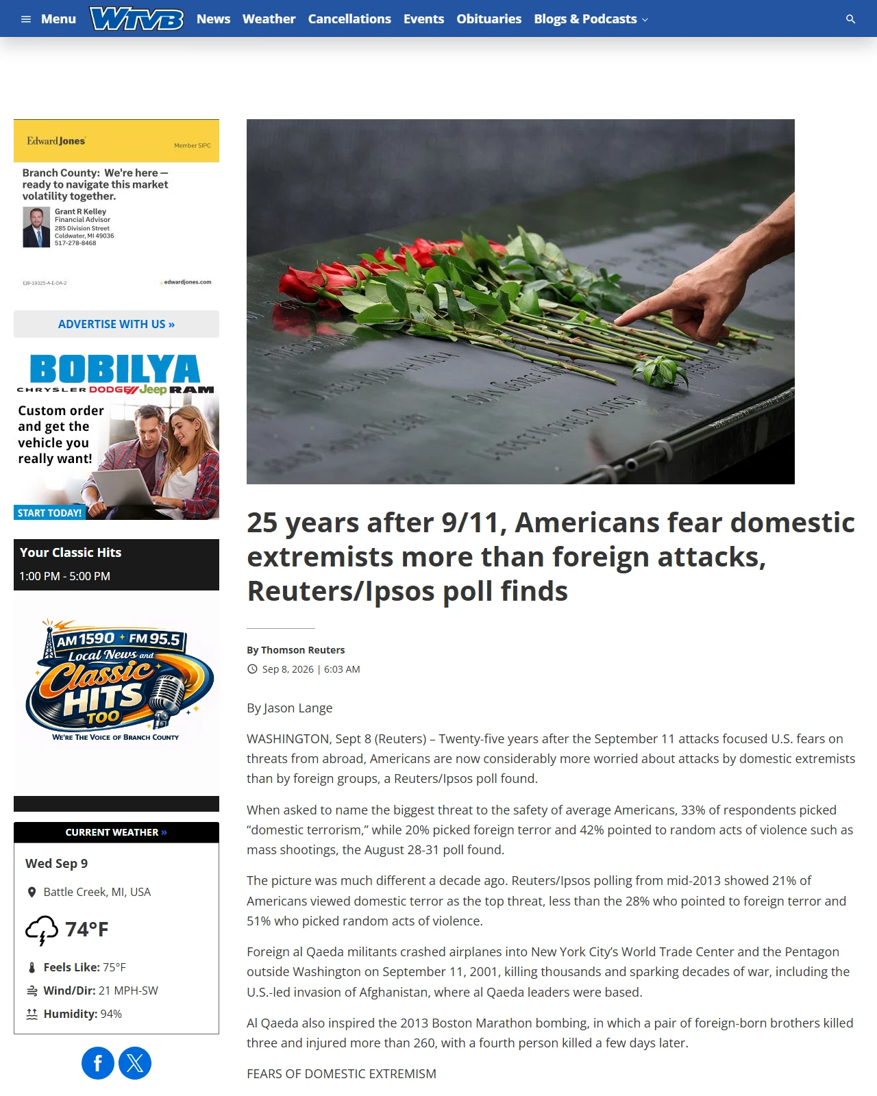 wtvbam.com as published: 25 years after 9/11, Americans fear domestic extremists more than foreign attacks, Reuters/Ipsos poll finds