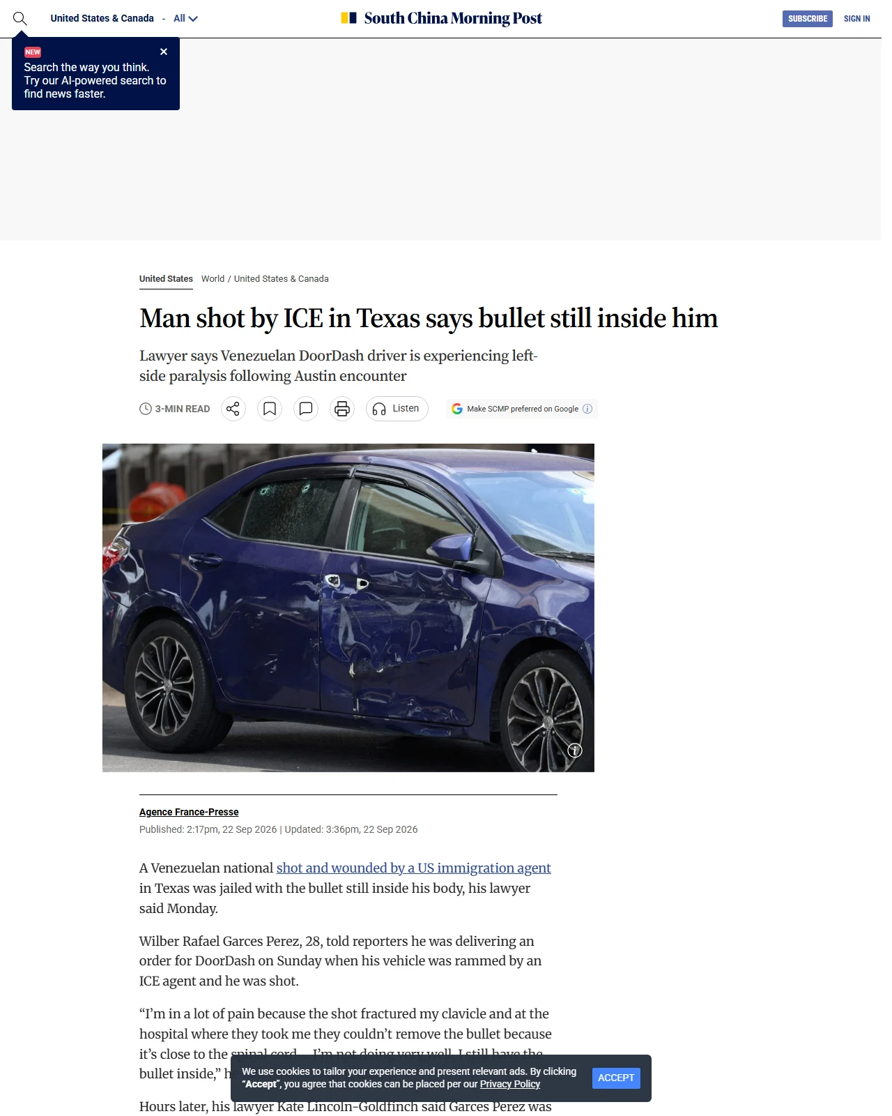 scmp.com as published: Man shot by ICE in Texas says bullet still inside him