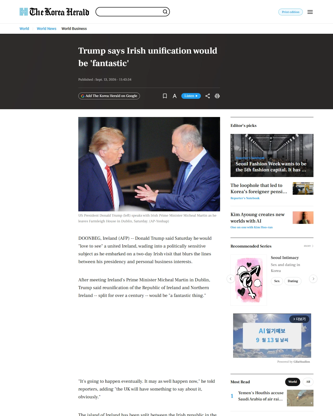 koreaherald.com as published: Trump says Irish unification would be 'fantastic'
