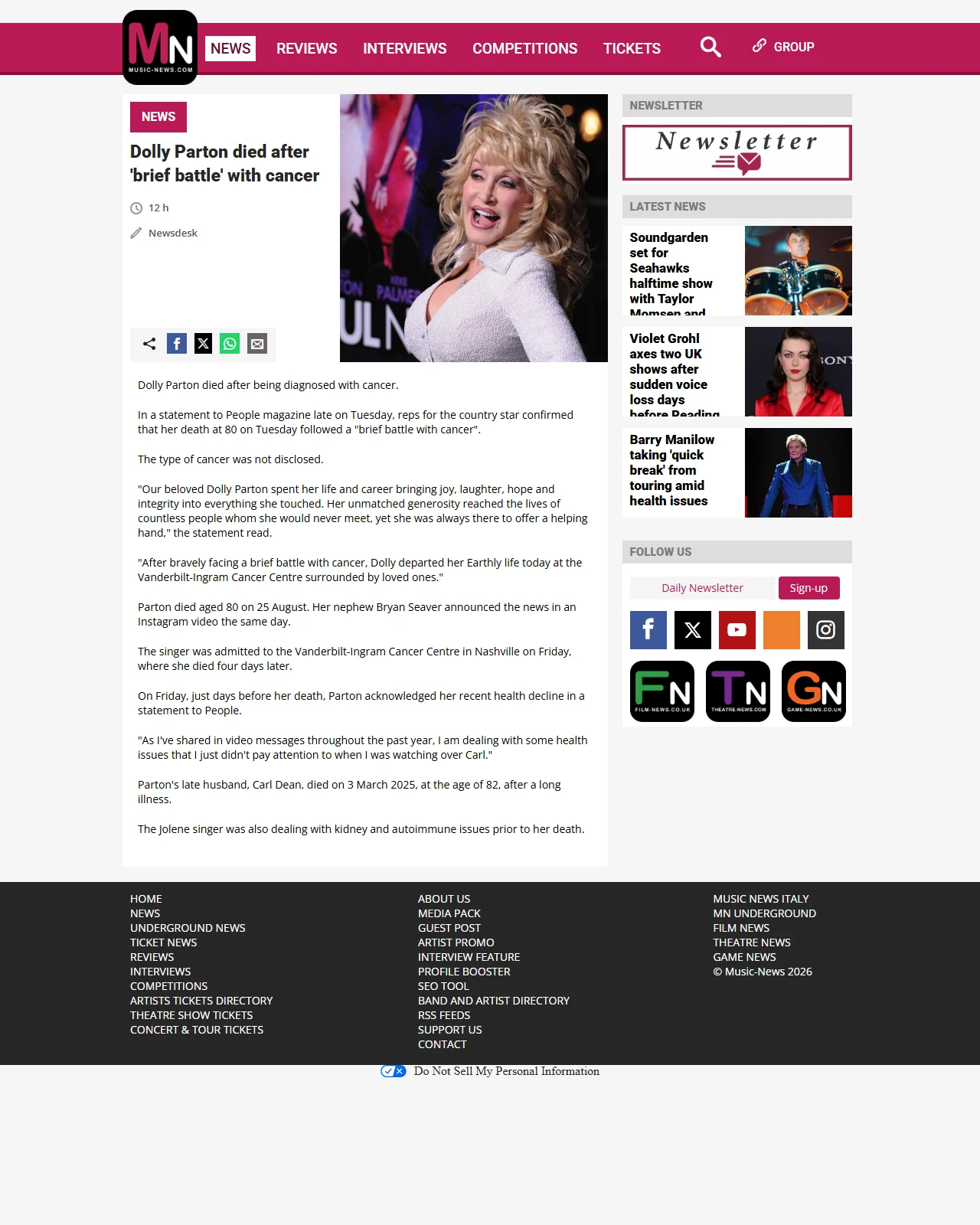 music-news.com as published: Dolly Parton died after 'brief battle' with cancer - Music-News.com