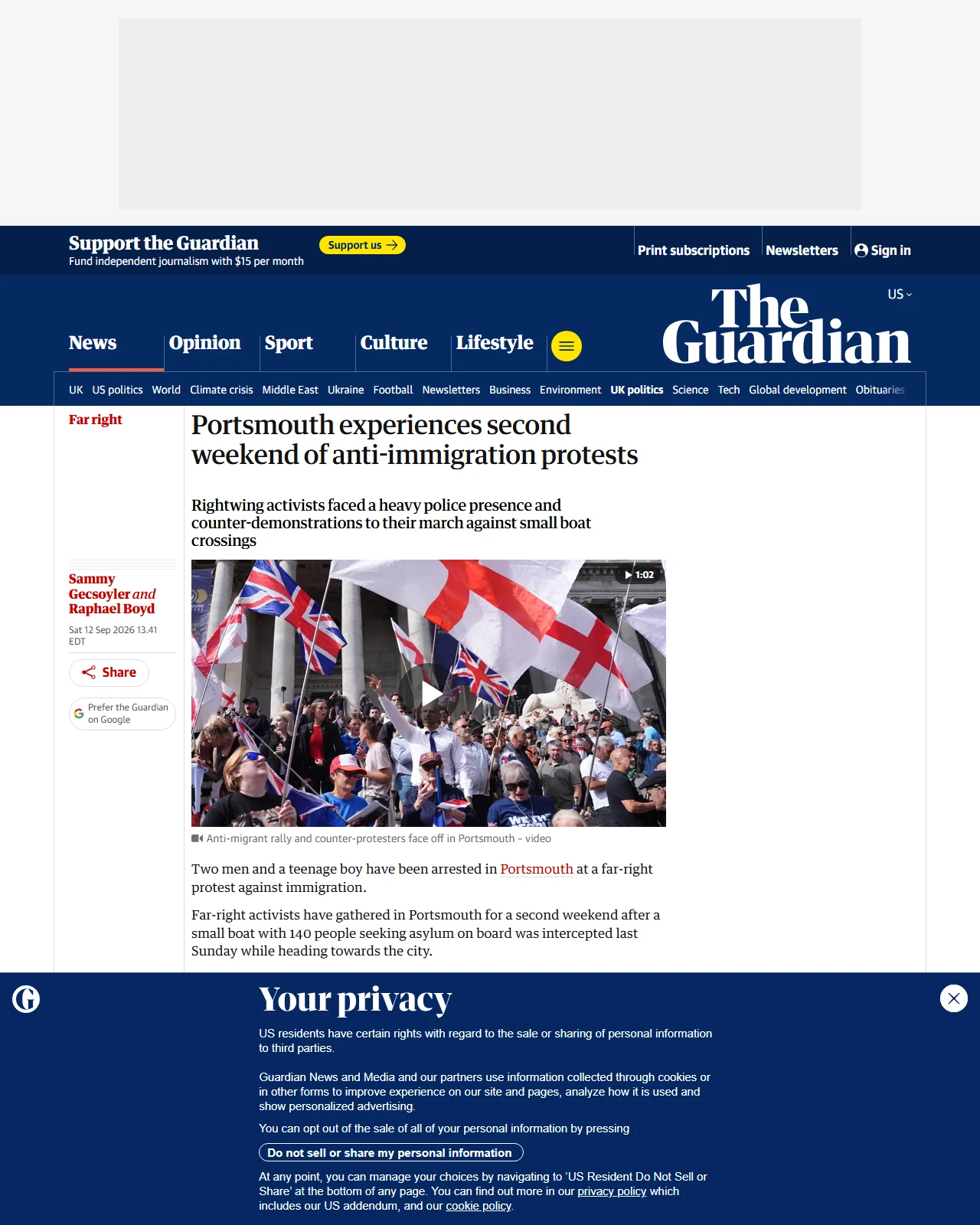 theguardian.com as published: Portsmouth experiences second weekend of anti-immigration protests