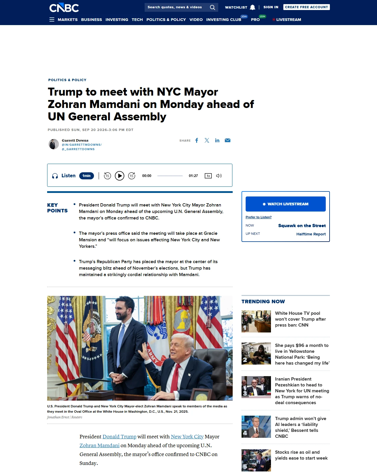 cnbc.com as published: Trump to meet with NYC Mayor Zohran Mamdani on Monday ahead of UN General Assembly