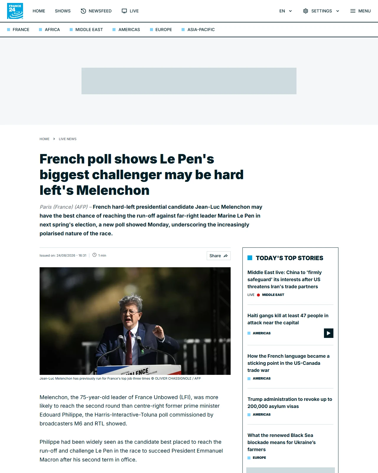 france24.com as published: French poll shows Le Pen's biggest challenger may be hard left's Melenchon