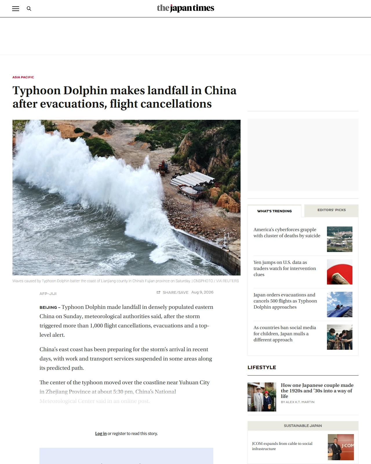 japantimes.co.jp as published: Typhoon Dolphin makes landfall in China after evacuations, flight cancellations