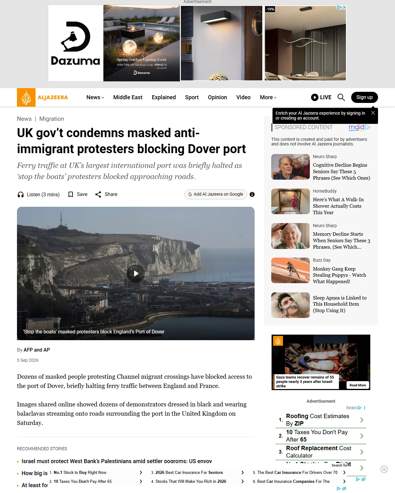 aljazeera.com as published: UK gov’t condemns masked anti-immigrant protesters blocking Dover port