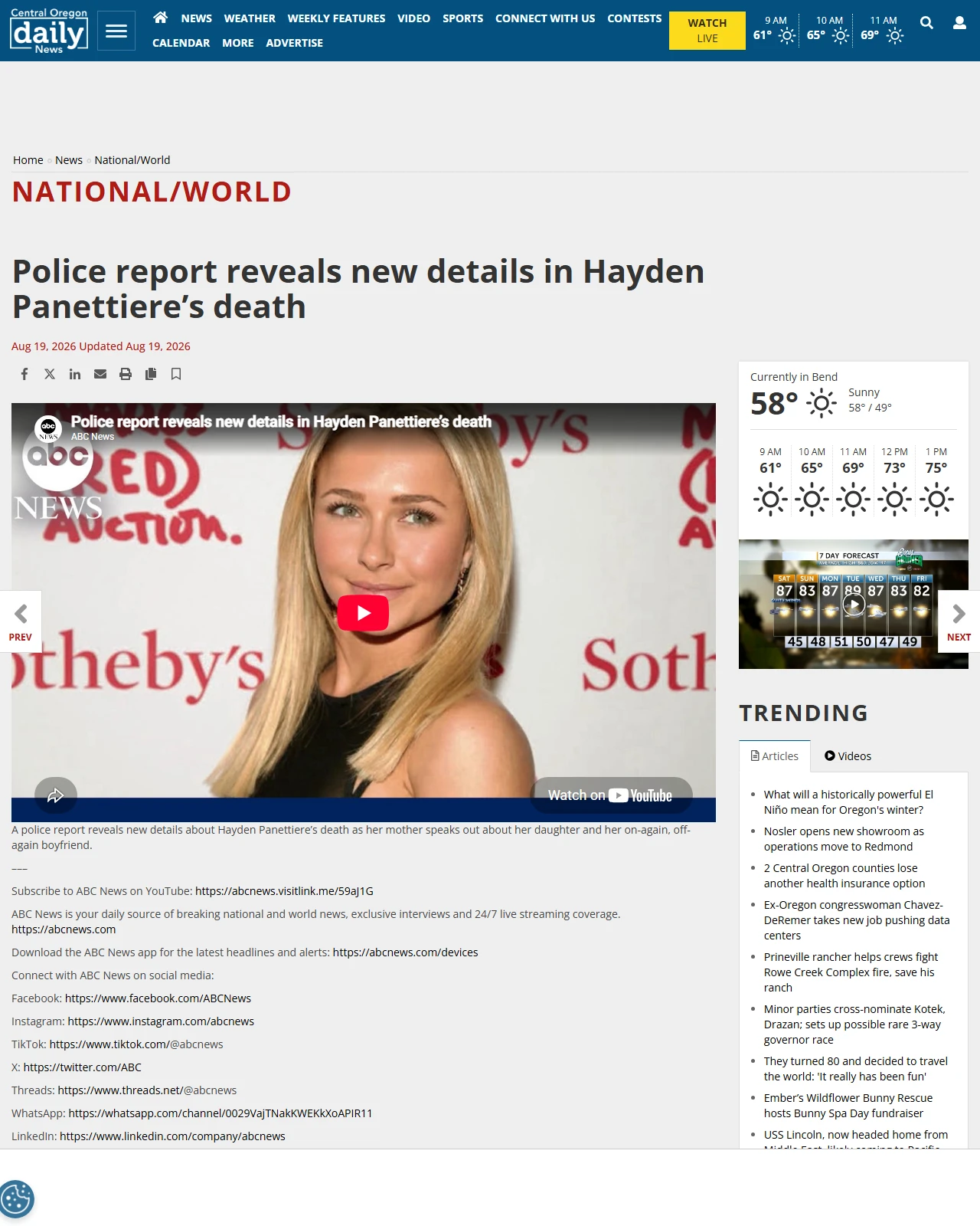 centraloregondaily.com as published: Police report reveals new details in Hayden Panettiere’s death