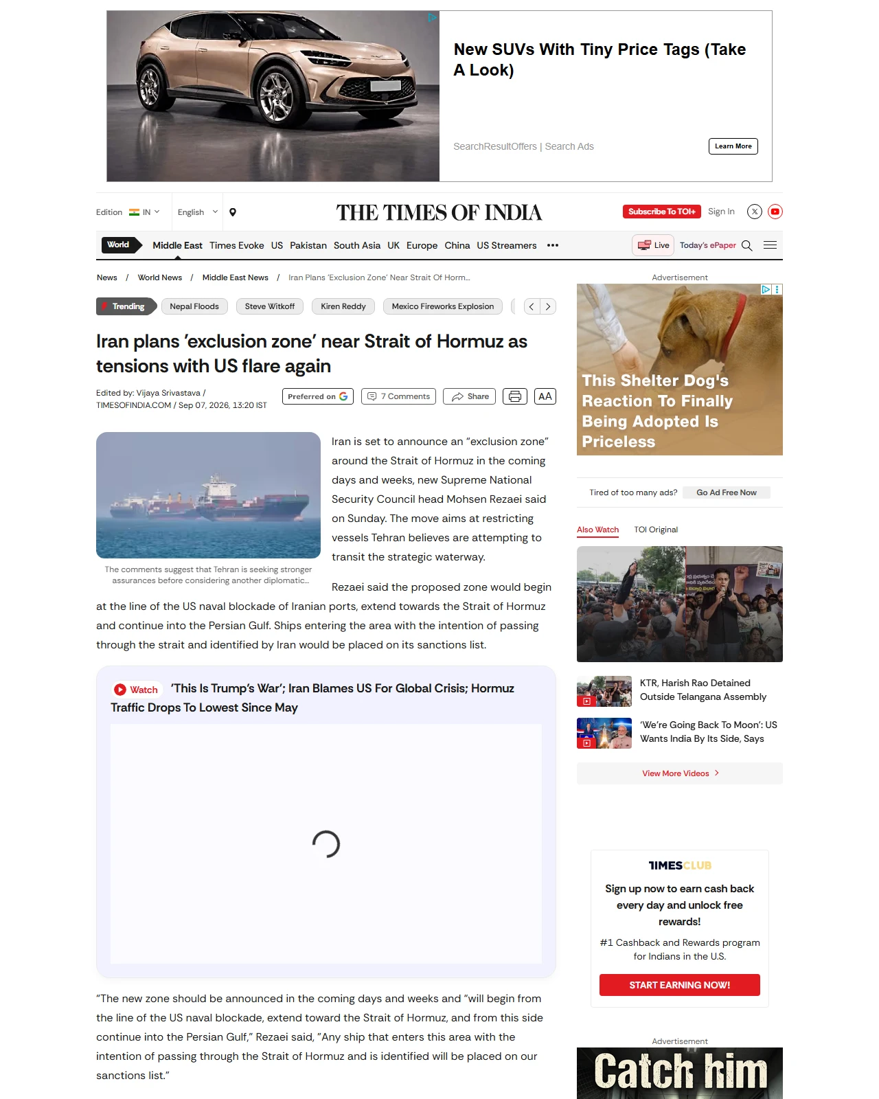 timesofindia.indiatimes.com as published: Iran plans 'exclusion zone' near Strait of Hormuz as tensions with US flare again