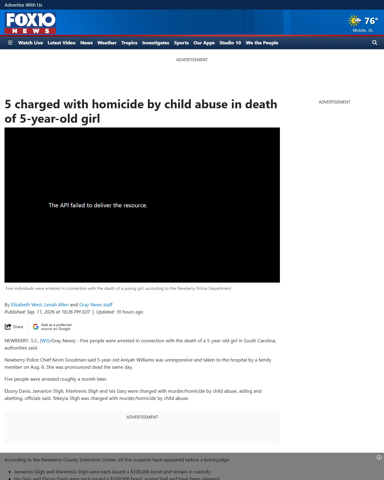 fox10tv.com as published: 5 charged with homicide by child abuse in death of 5-year-old girl