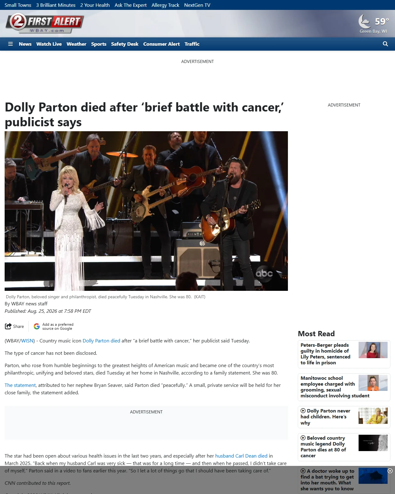 wbay.com as published: Dolly Parton died after ‘brief battle with cancer,’ publicist says
