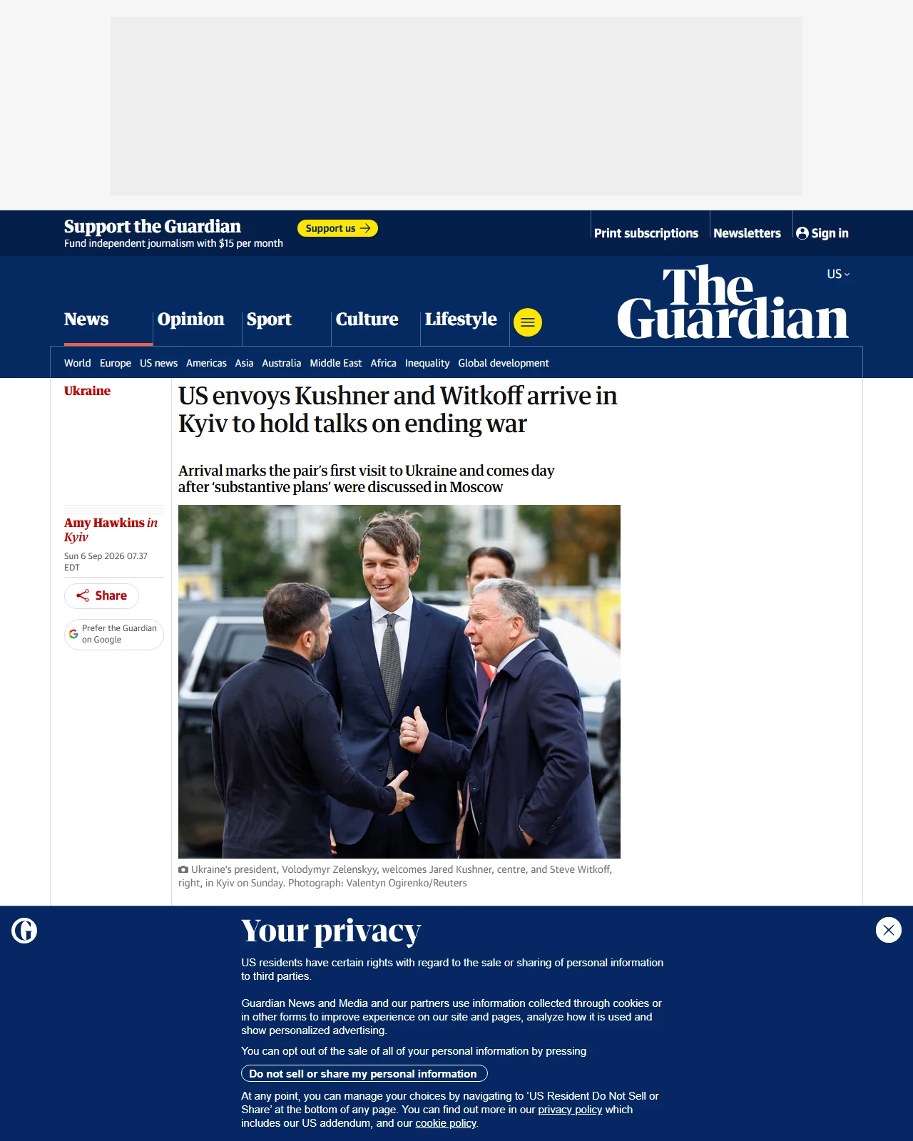 theguardian.com as published: US envoys Kushner and Witkoff arrive in Kyiv to hold talks on ending war