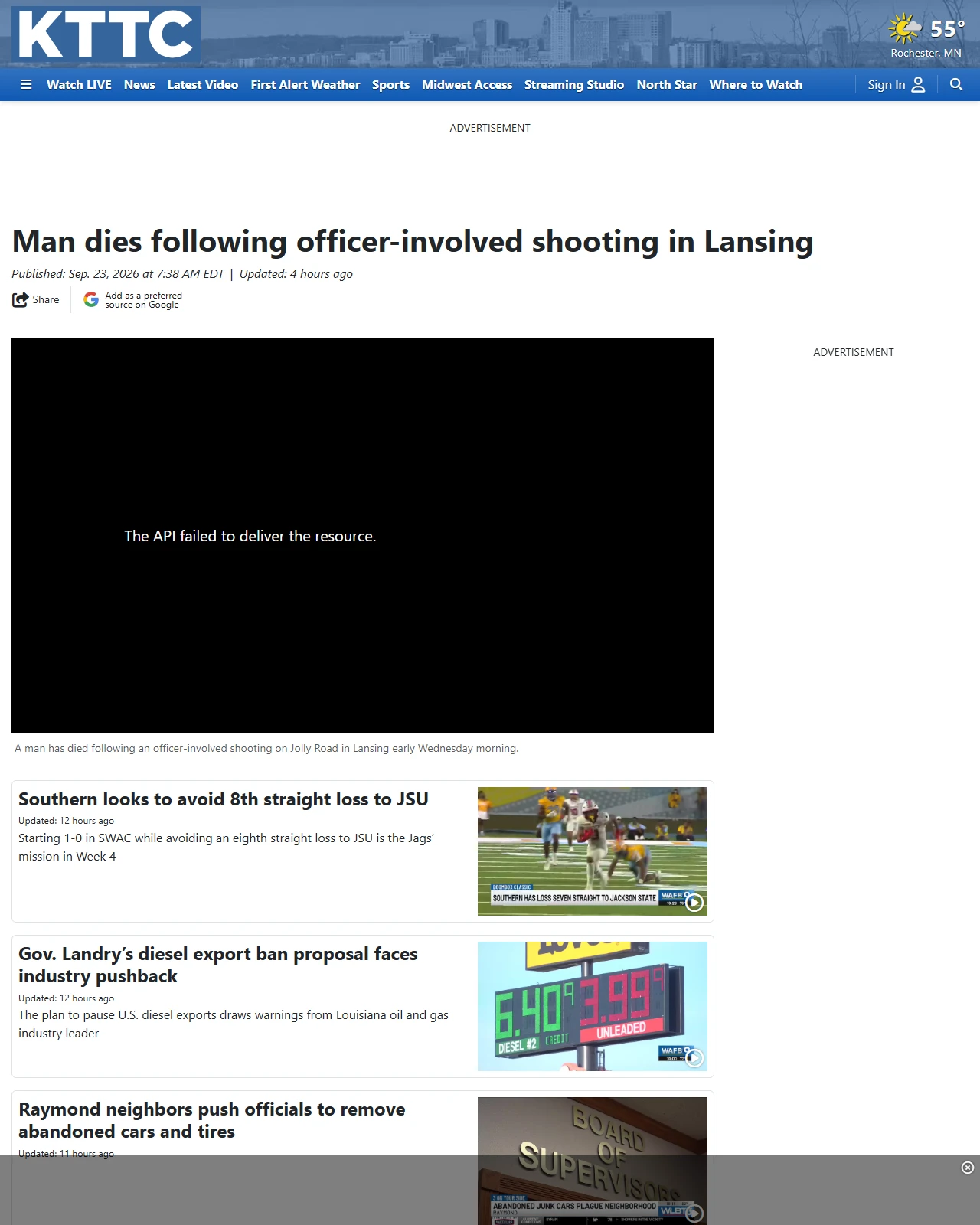 kttc.com as published: Man dies following officer-involved shooting in Lansing