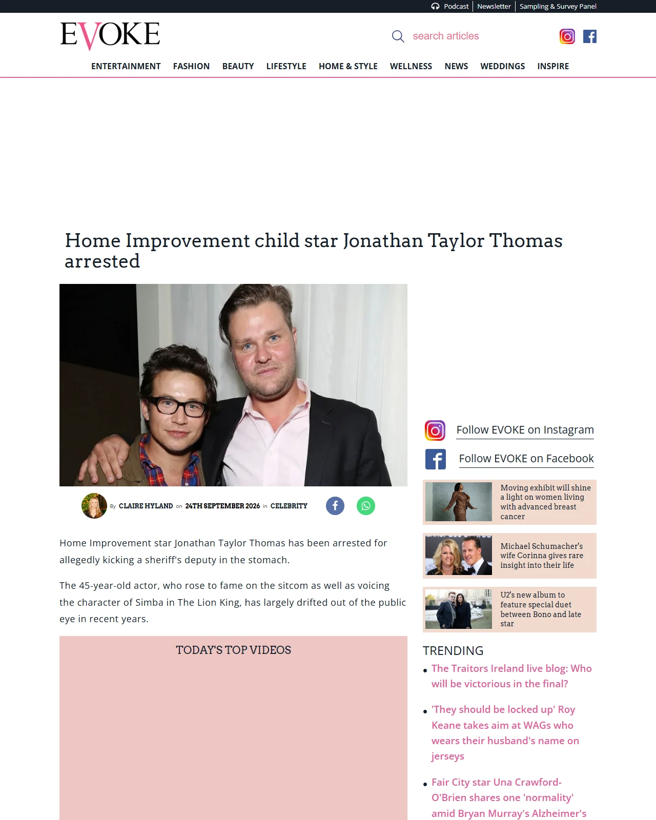 evoke.ie as published: Jonathan Taylor Thomas arrested after alleged violent event