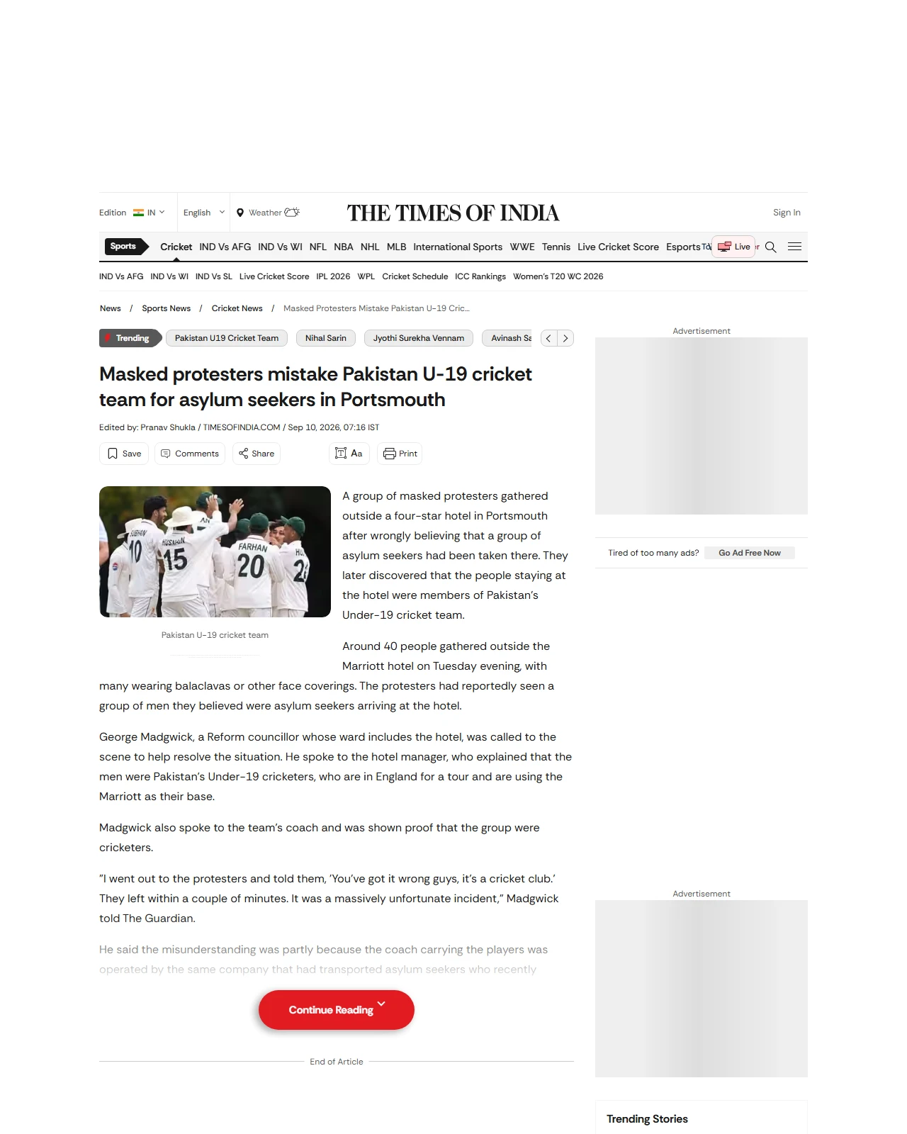 timesofindia.indiatimes.com as published: Masked protesters mistake Pakistan U-19 cricket team for asylum seekers in Portsmouth