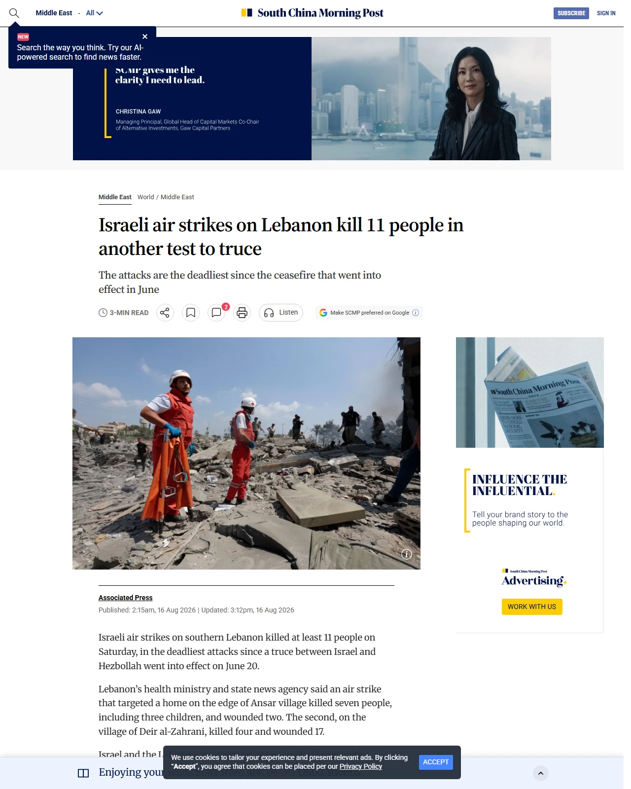 scmp.com as published: Israeli air strikes on Lebanon kill 11 people in another test to truce