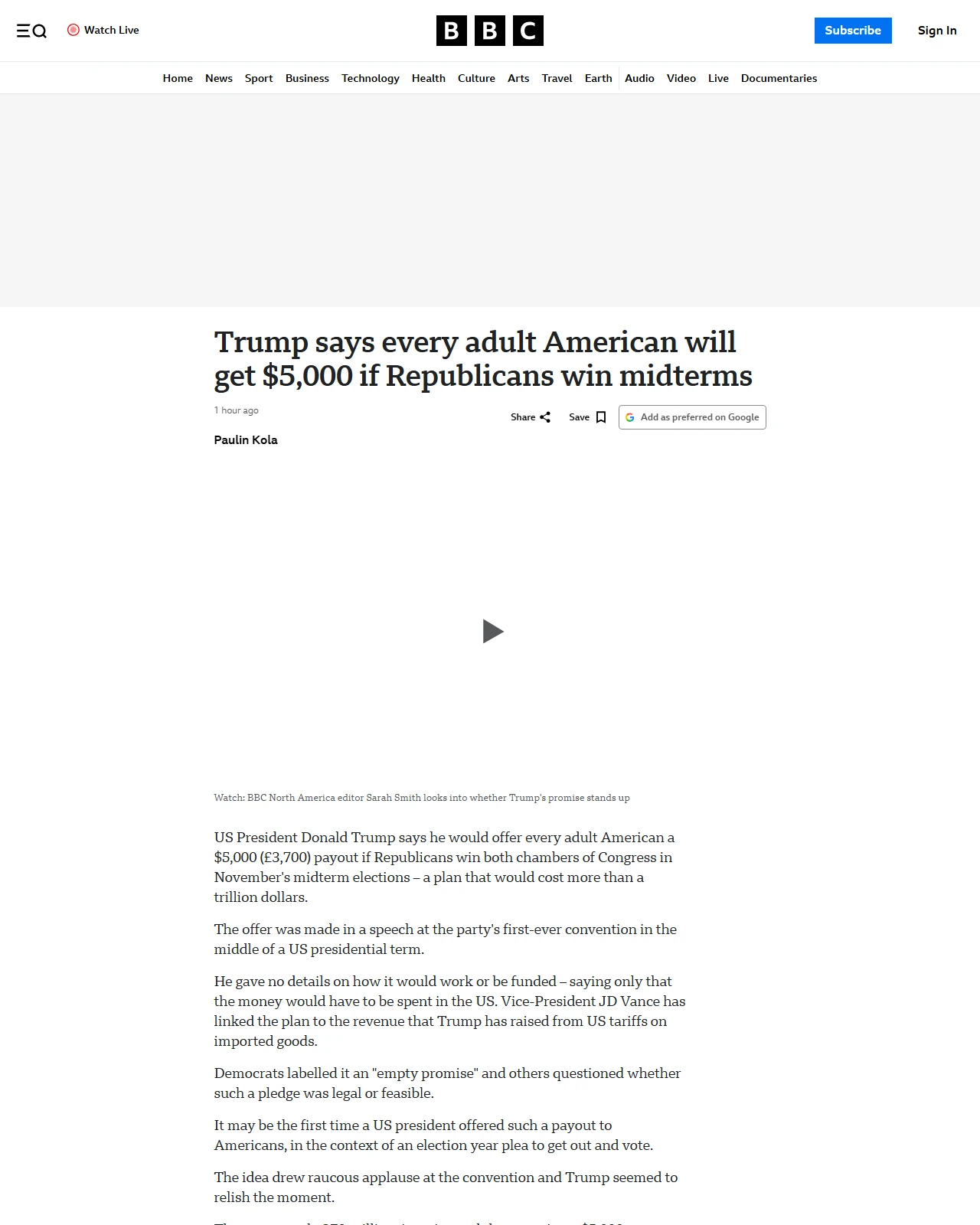 bbc.co.uk as published: Trump says every adult American will get $5,000 if Republicans win midterms