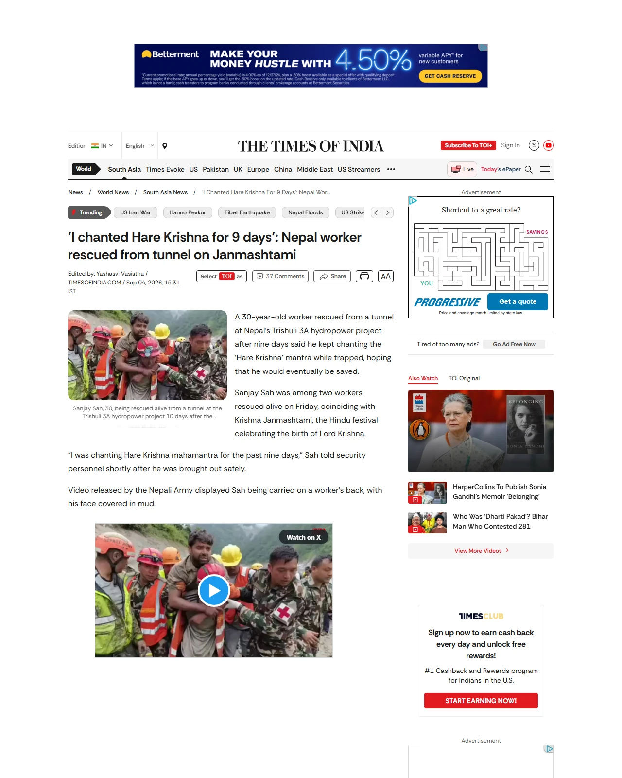 timesofindia.indiatimes.com as published: 'I chanted Hare Krishna for 9 days': Nepal worker rescued from tunnel on Janmashtami