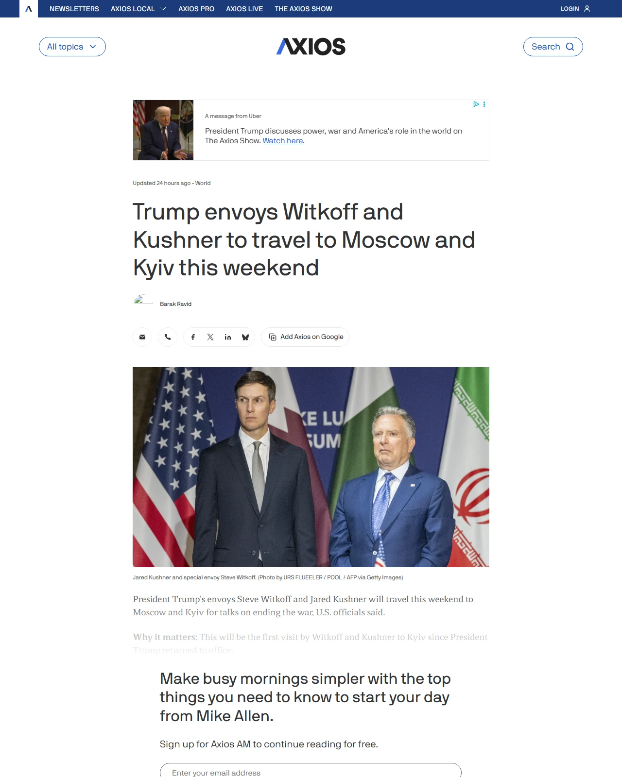 axios.com as published: Trump envoys Witkoff and Kushner to travel to Moscow and Kyiv this weekend