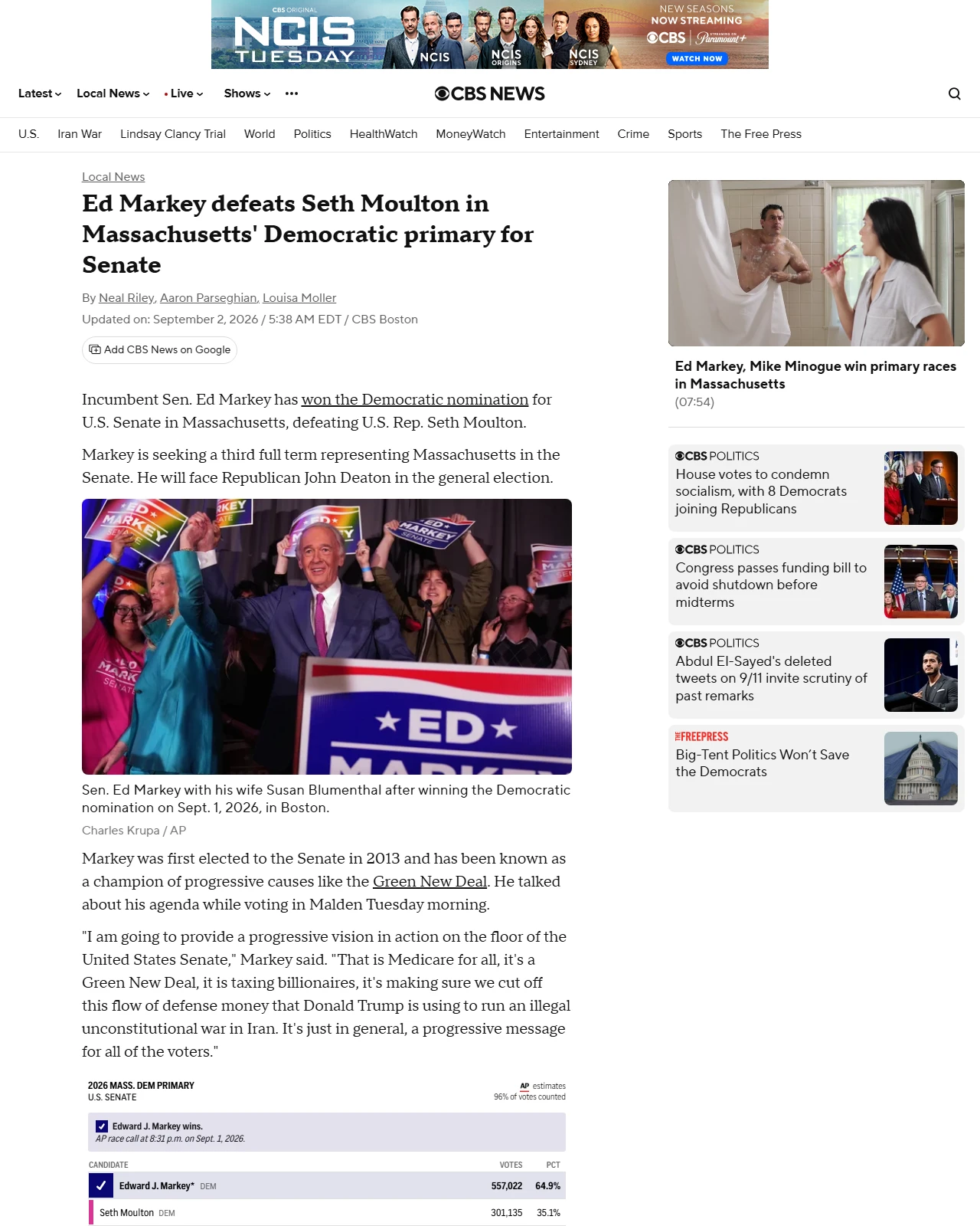 cbsnews.com as published: Markey defeats Moulton in Massachusetts' Democratic primary for Senate