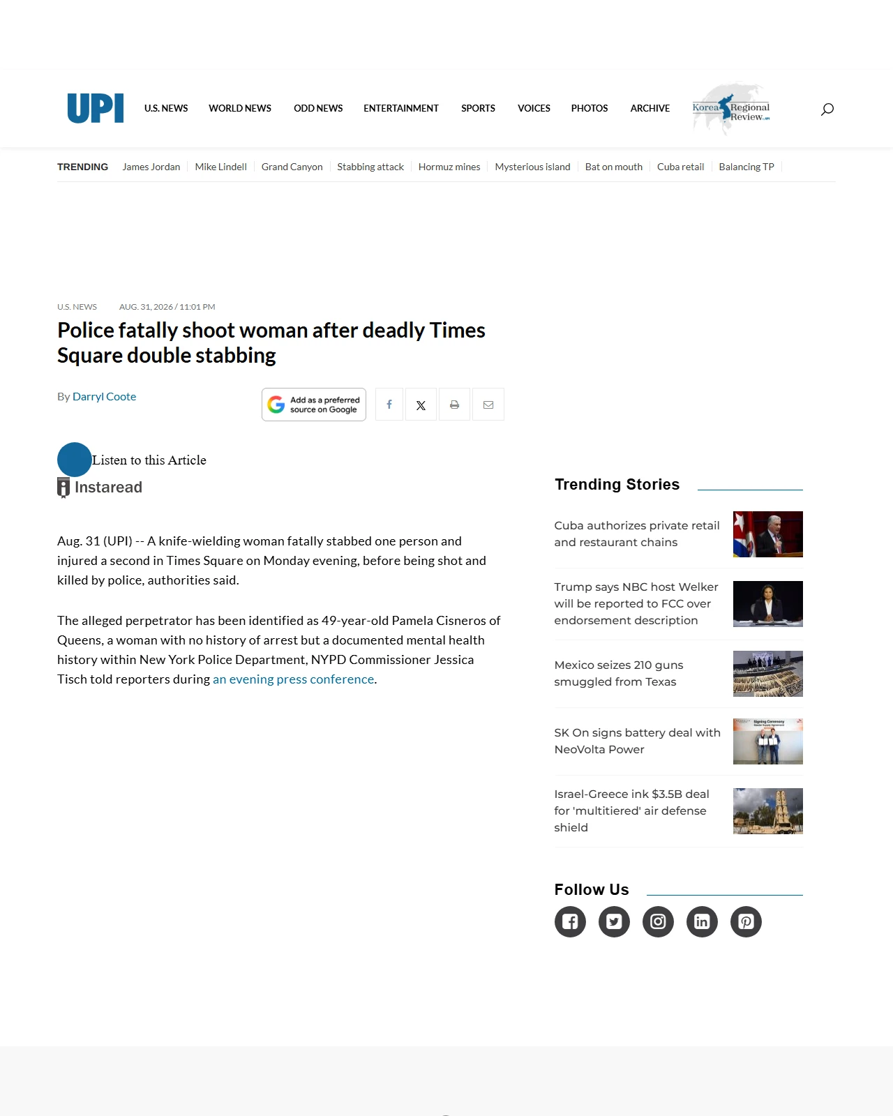 upi.com as published: Police fatally shoot woman after deadly Times Square double stabbing