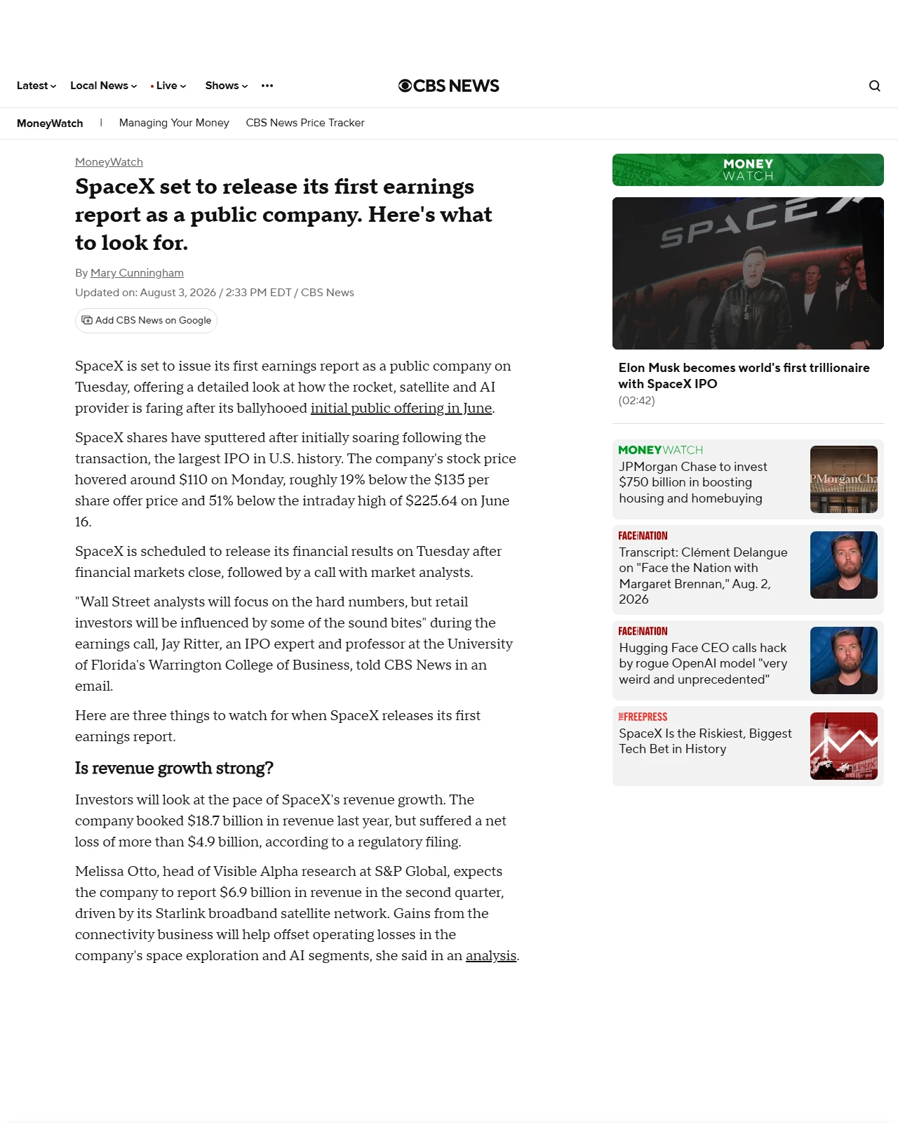 cbsnews.com as published: SpaceX set to release its first earnings report as a public company. Here's what to look for.