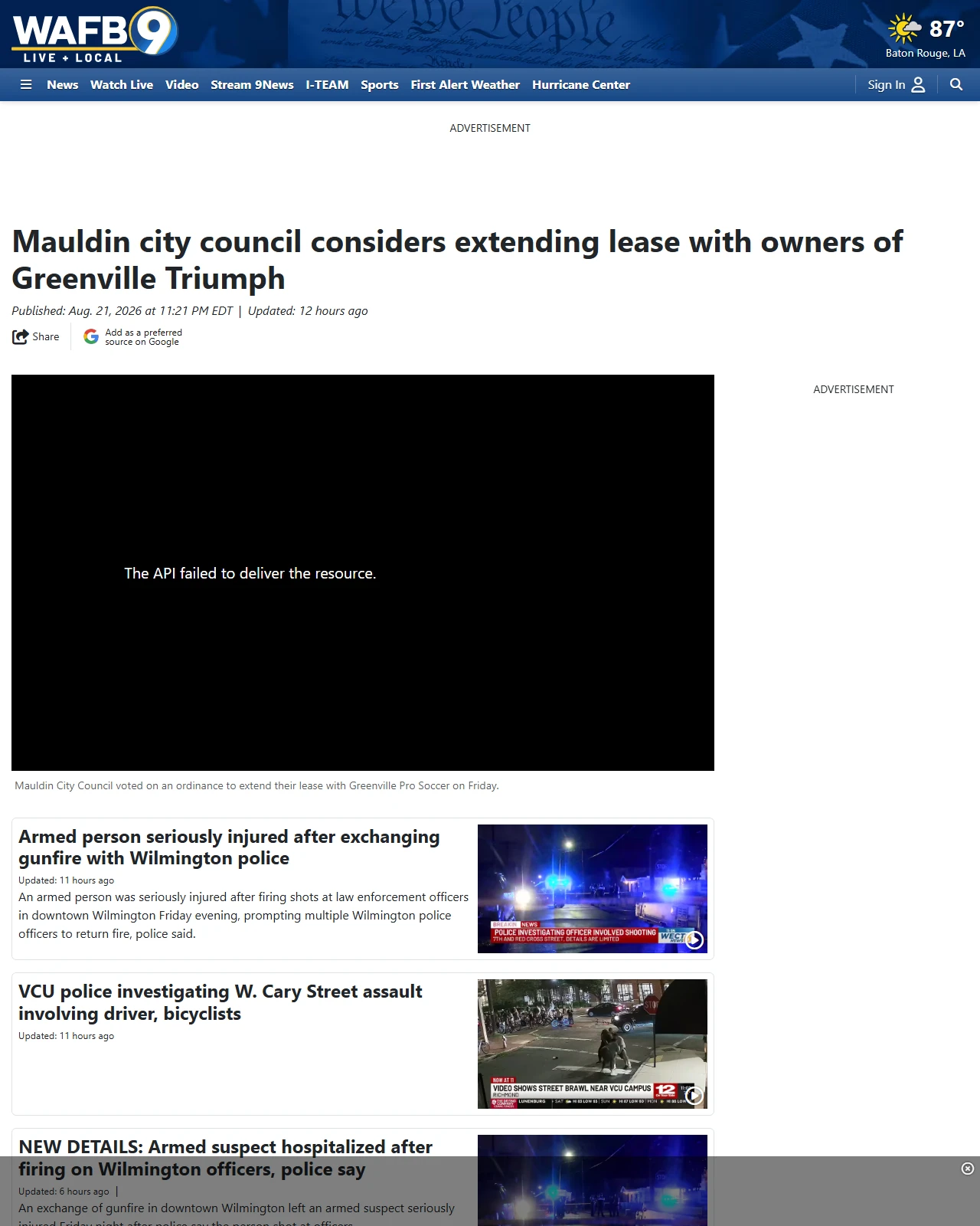 wafb.com as published: Mauldin city council considers extending lease with owners of Greenville Triumph