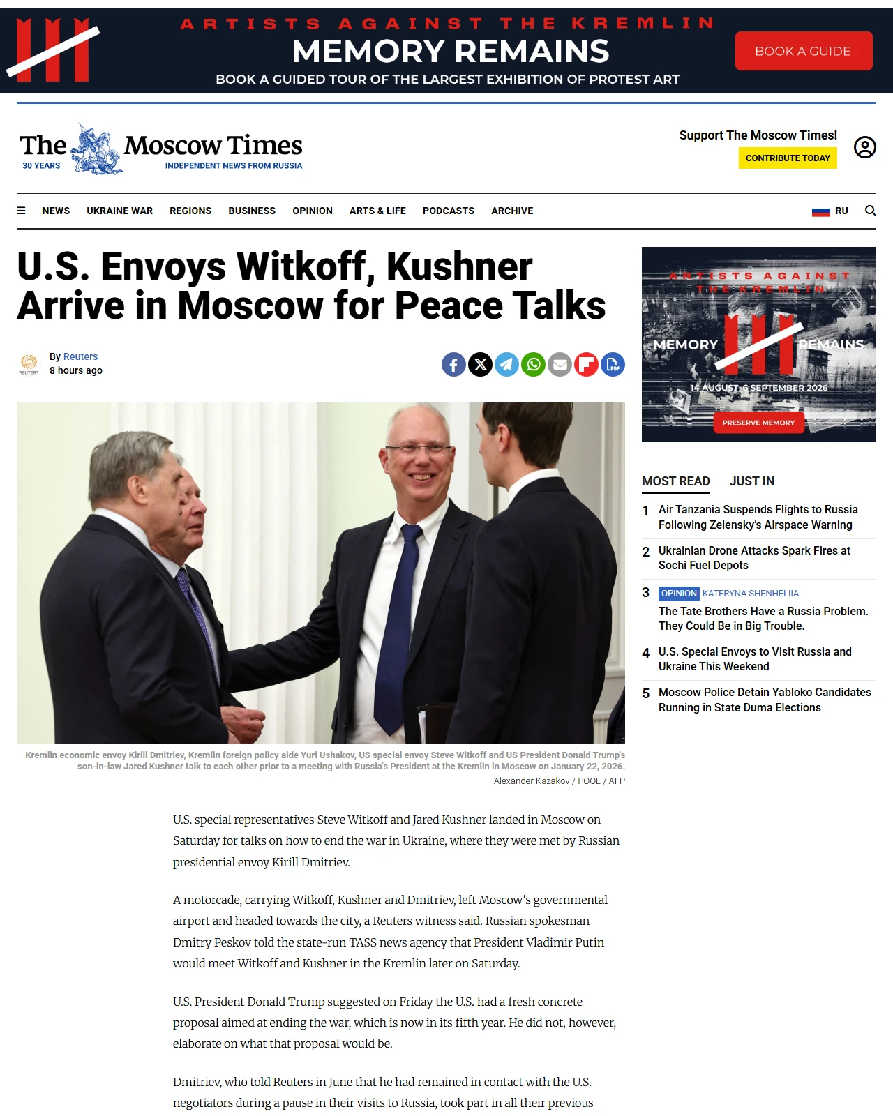 themoscowtimes.com as published: U.S. Envoys Witkoff, Kushner Arrive in Moscow for Peace Talks