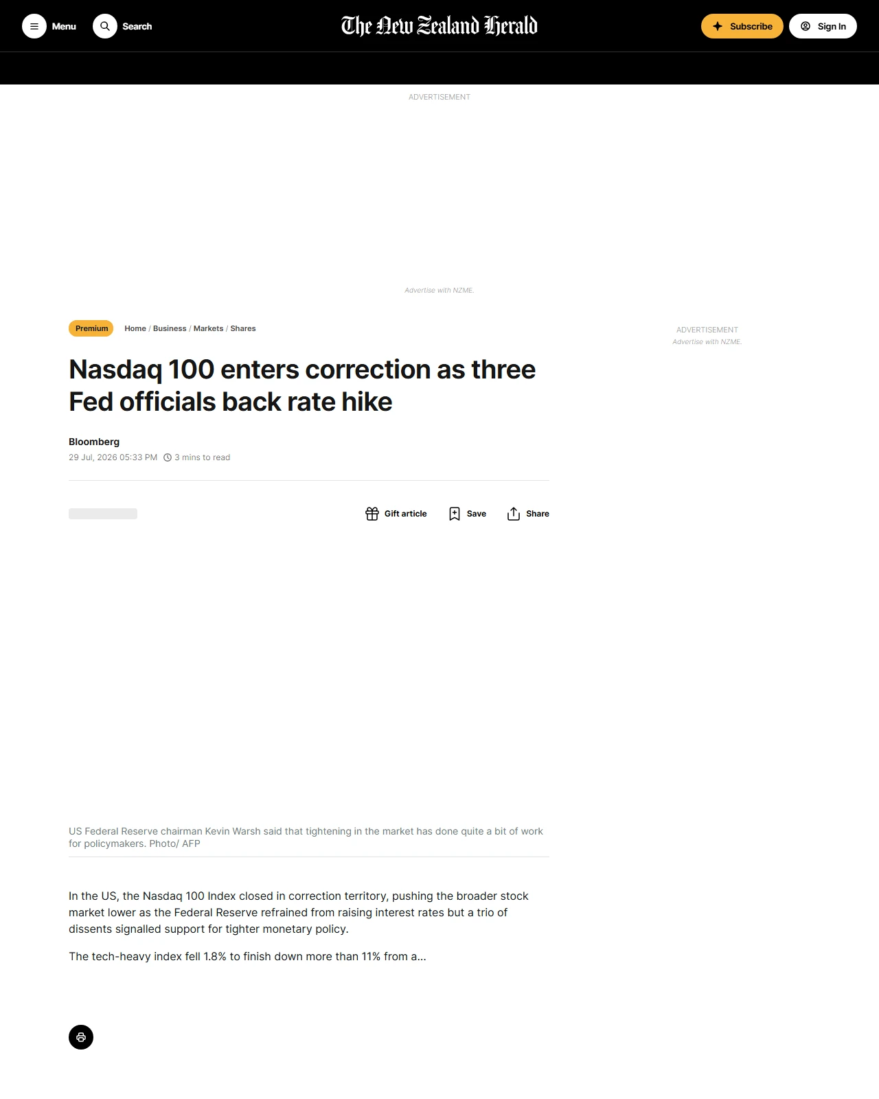 nzherald.co.nz as published: Nasdaq 100 slides into correction as Fed dissent rattles markets