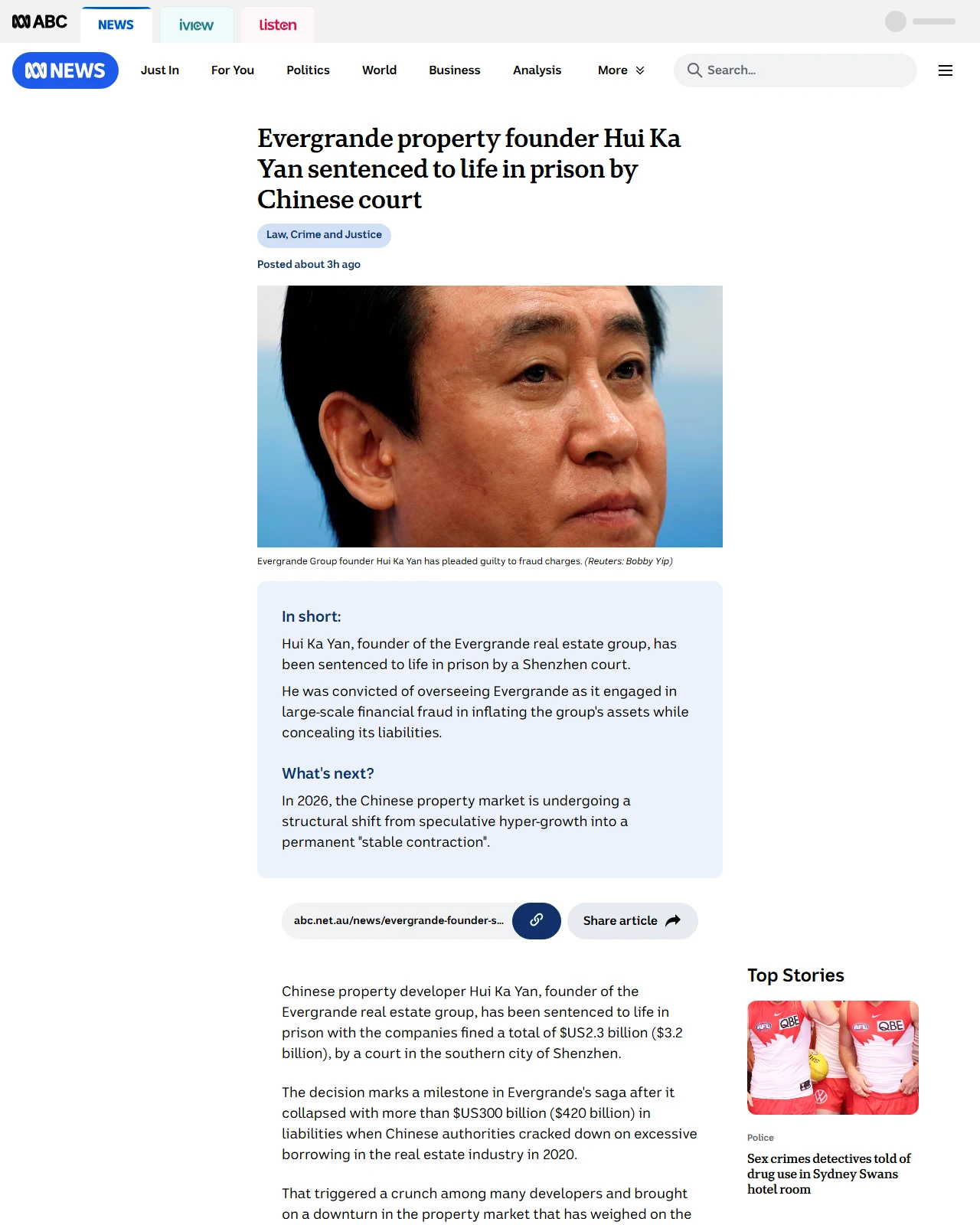 abc.net.au as published: Evergrande property founder Hui Ka Yan sentenced to life in prison by Chinese court - ABC News & Headlines – Australian Broadcasting Corporation