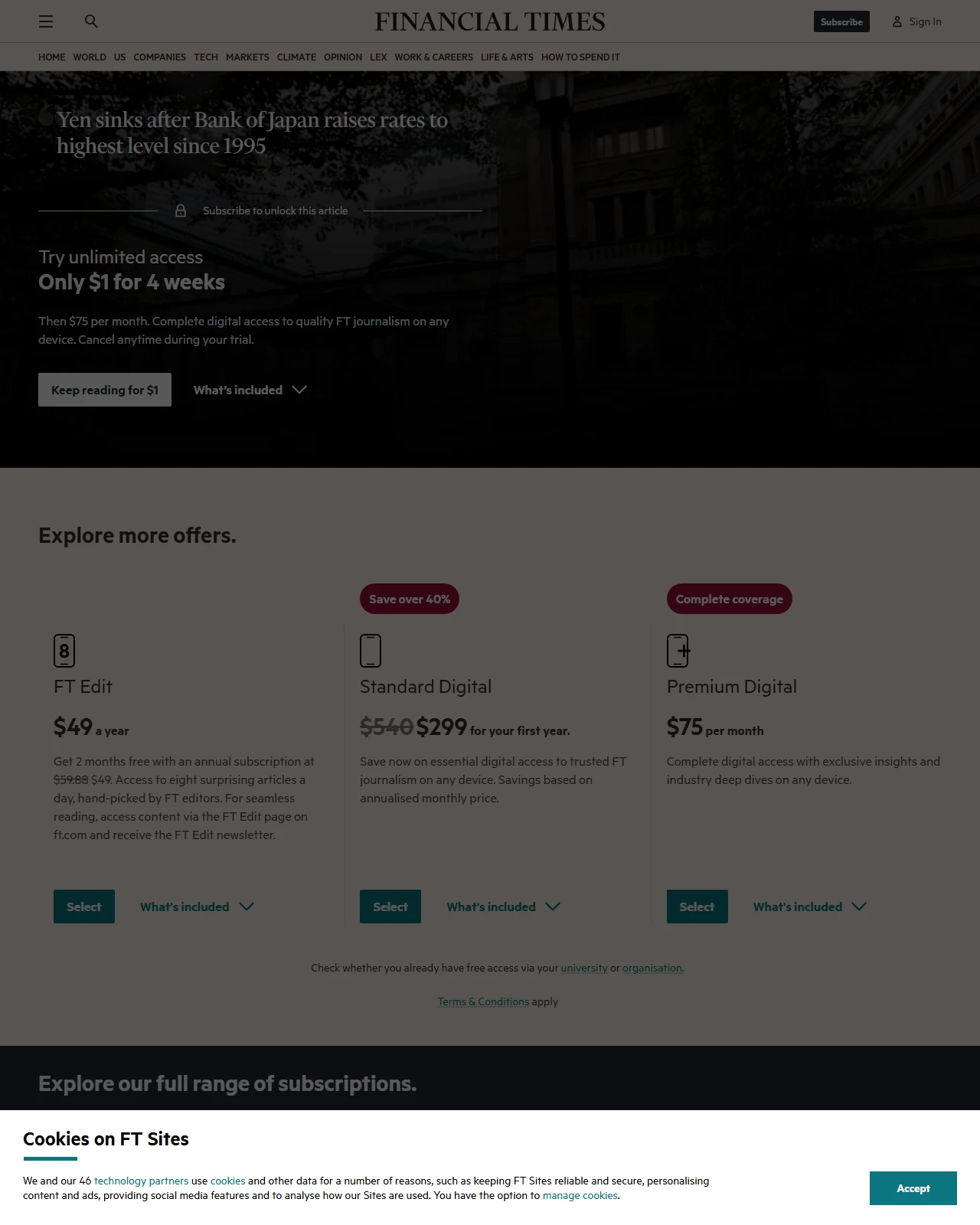 ft.com as published: Bank of Japan raises rates to highest since 1995