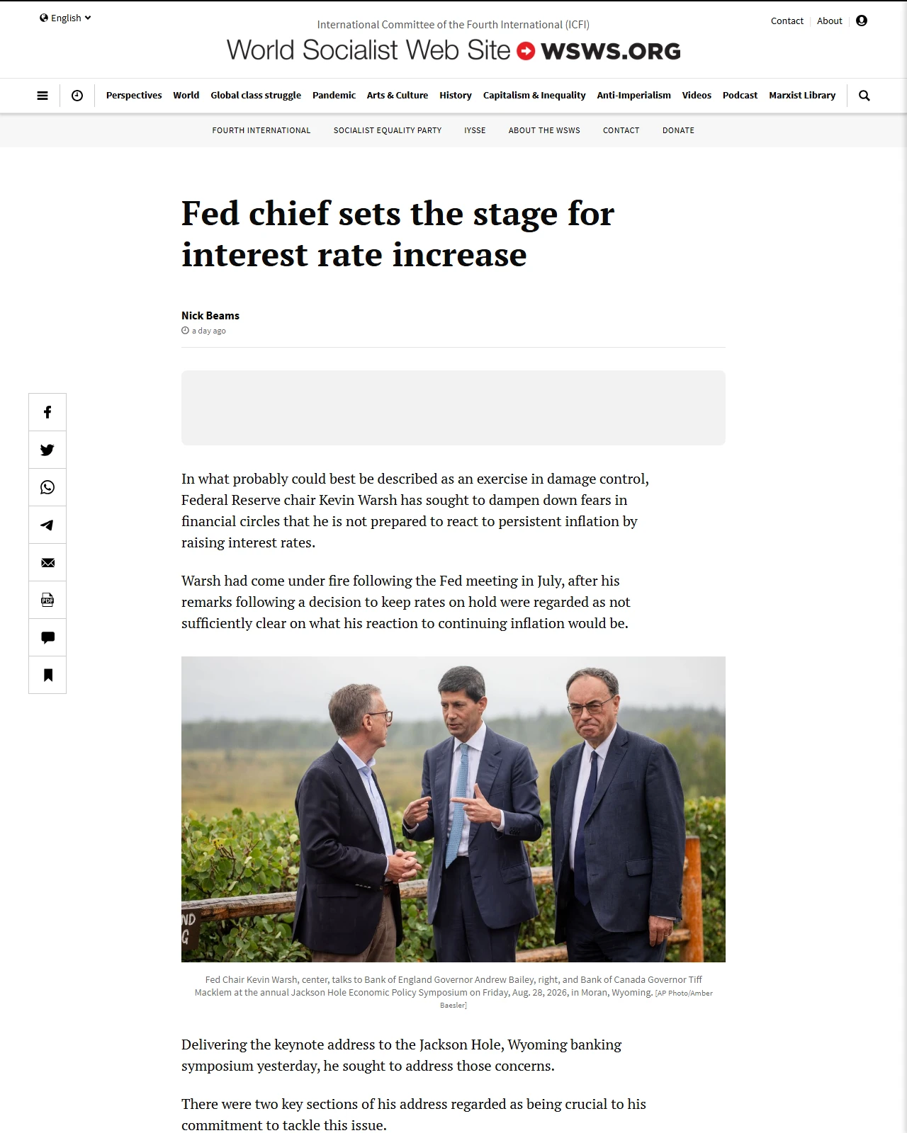 wsws.org as published: Fed chief sets the stage for interest rate increase