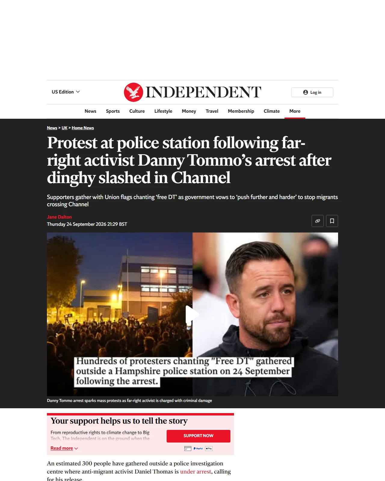 independent.co.uk as published: Protest at police station following far-right activist Danny Tommo’s arrest after dinghy slashed in Channel