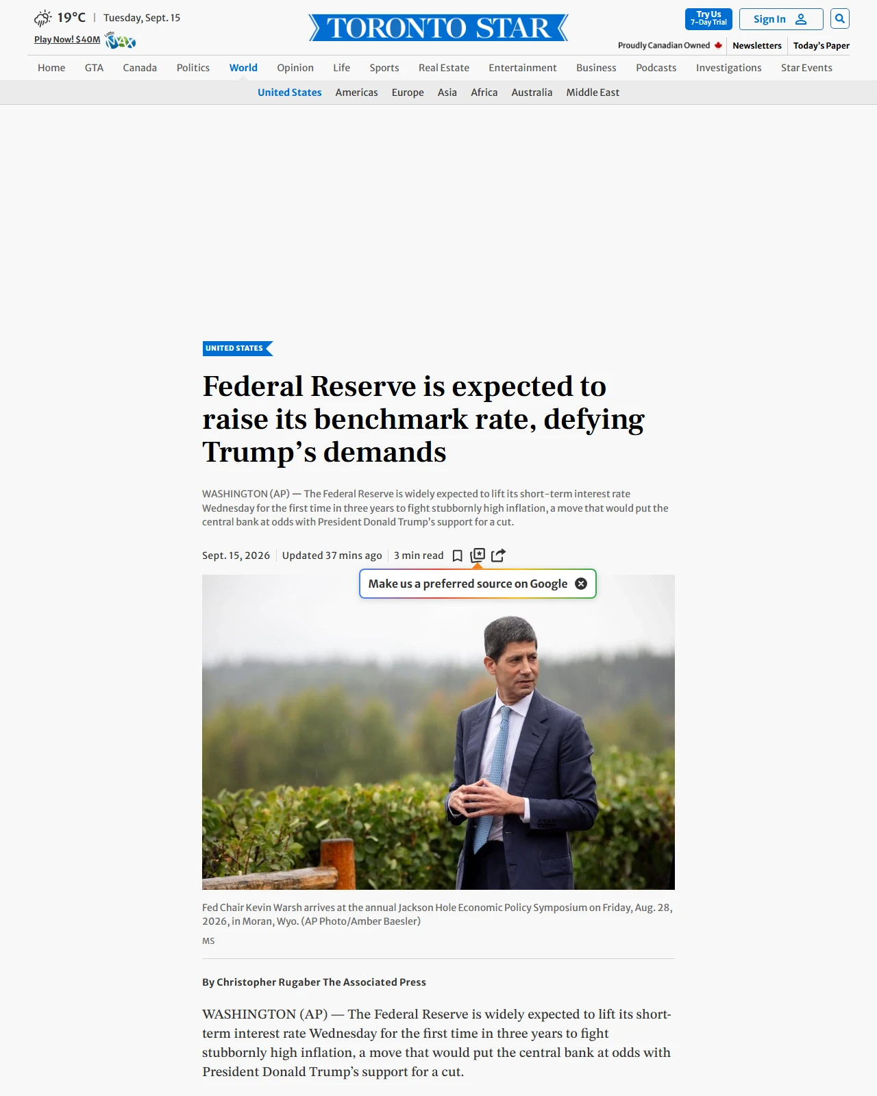 thestar.com as published: Federal Reserve is expected to raise its benchmark rate, defying Trump’s demands