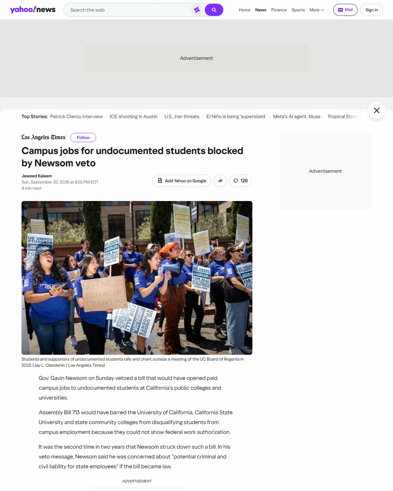 yahoo.com as published: Campus jobs for undocumented students blocked by Newsom veto