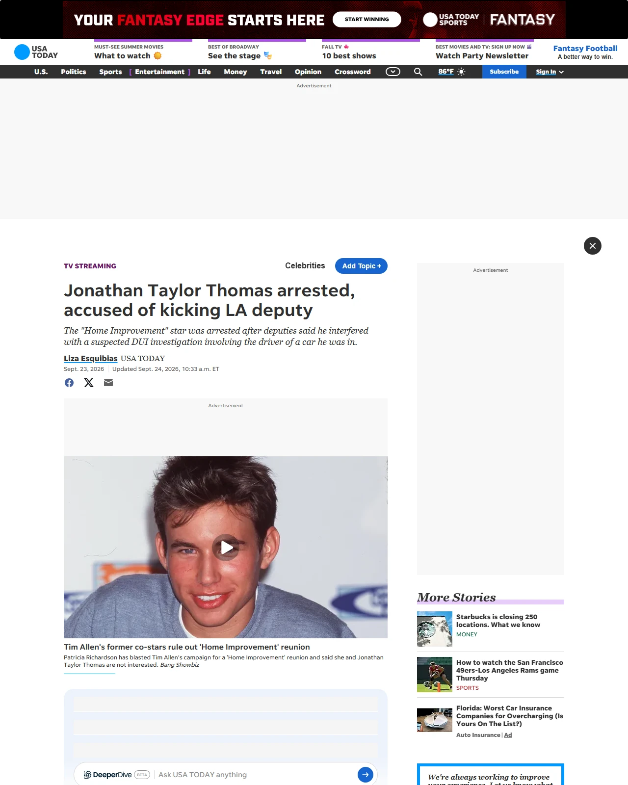 usatoday.com as published: Jonathan Taylor Thomas arrested, accused of kicking LA deputy
