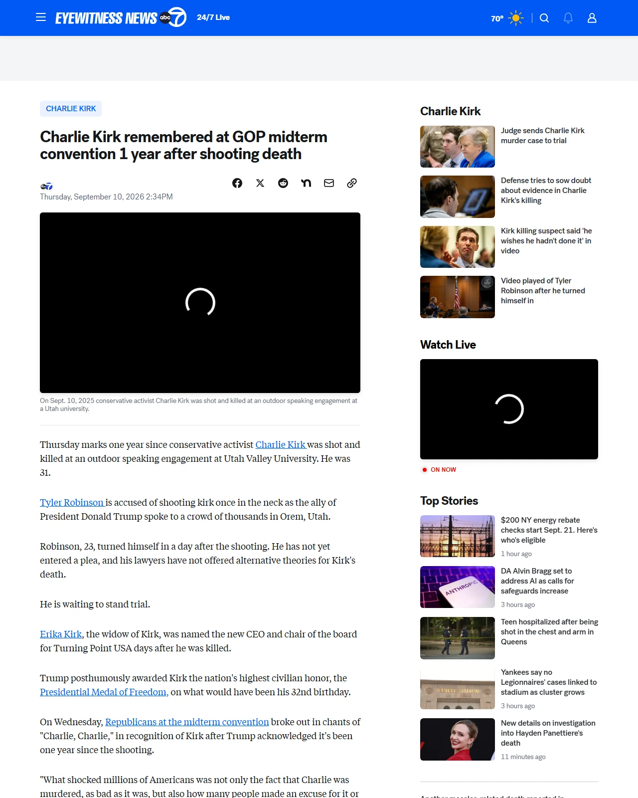 abc7ny.com as published: Charlie Kirk shooting: One year since political activist was killed in front of thousands at a Utah speaking event