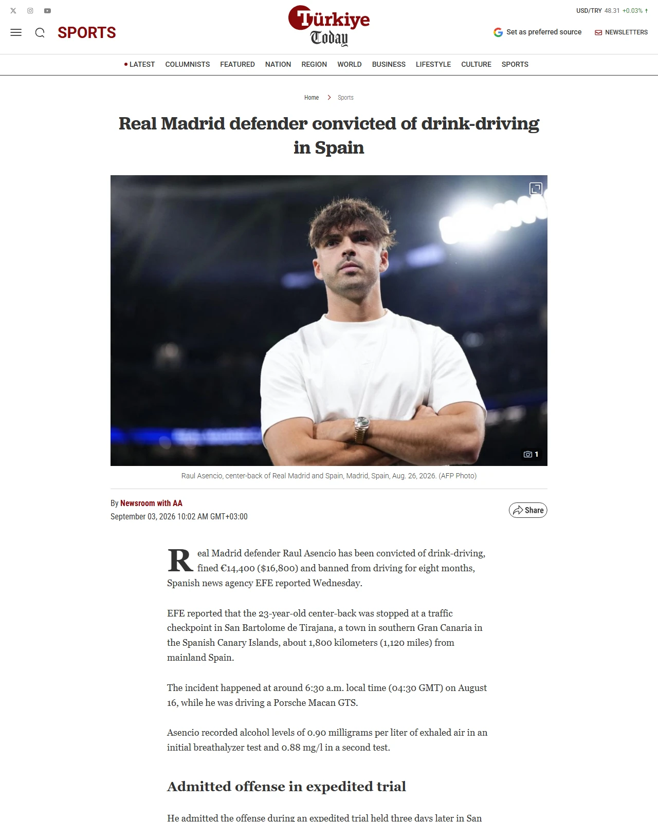 turkiyetoday.com as published: Real Madrid defender convicted of drink-driving in Spain