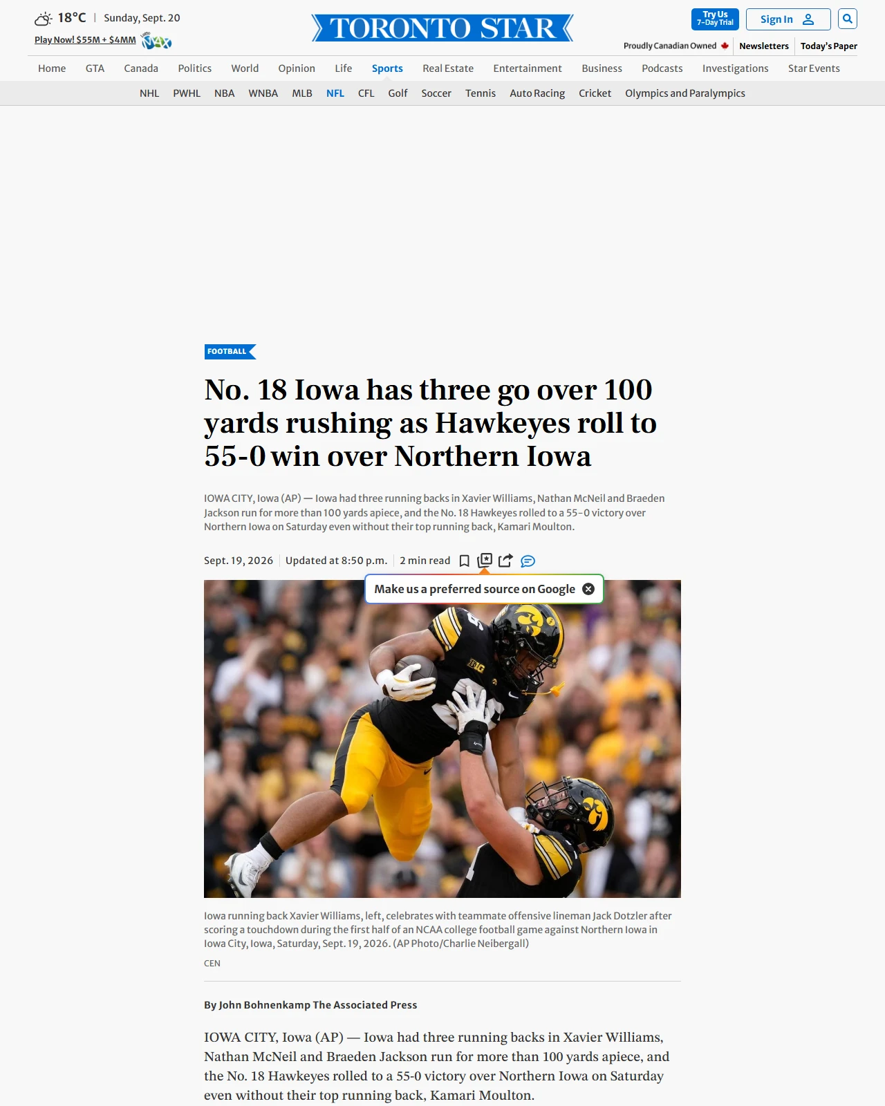 thestar.com as published: No. 18 Iowa has three go over 100 yards rushing as Hawkeyes roll to 55-0 win over Northern Iowa