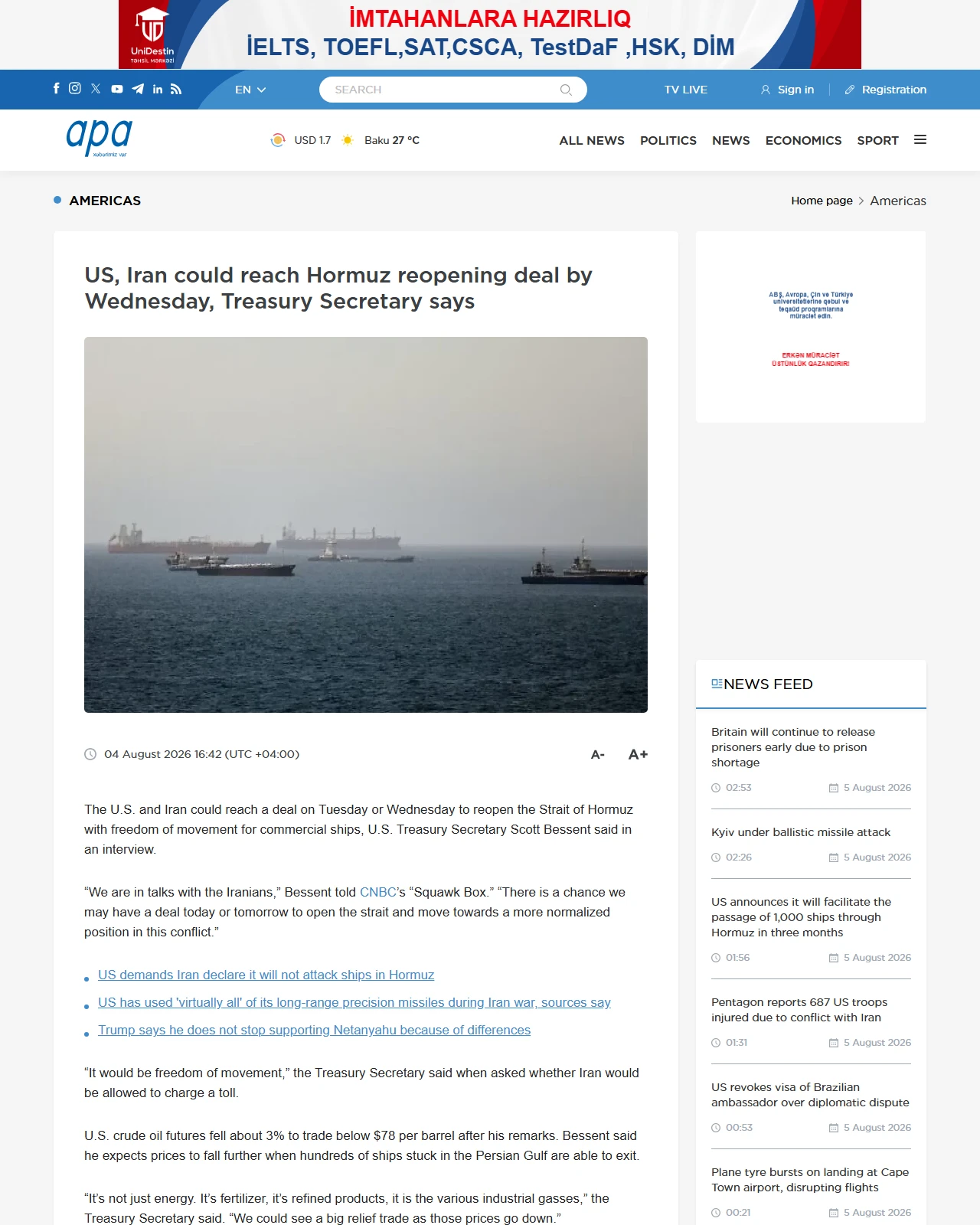 en.apa.az as published: US, Iran could reach Hormuz reopening deal by Wednesday, Treasury Secretary says