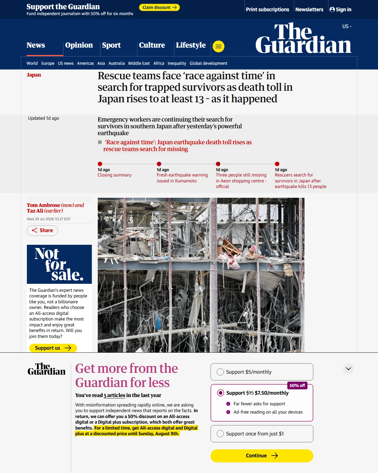 theguardian.com as published: Rescue teams face ‘race against time’ in search for trapped survivors as death toll in Japan rises to at least 13 – as it happened