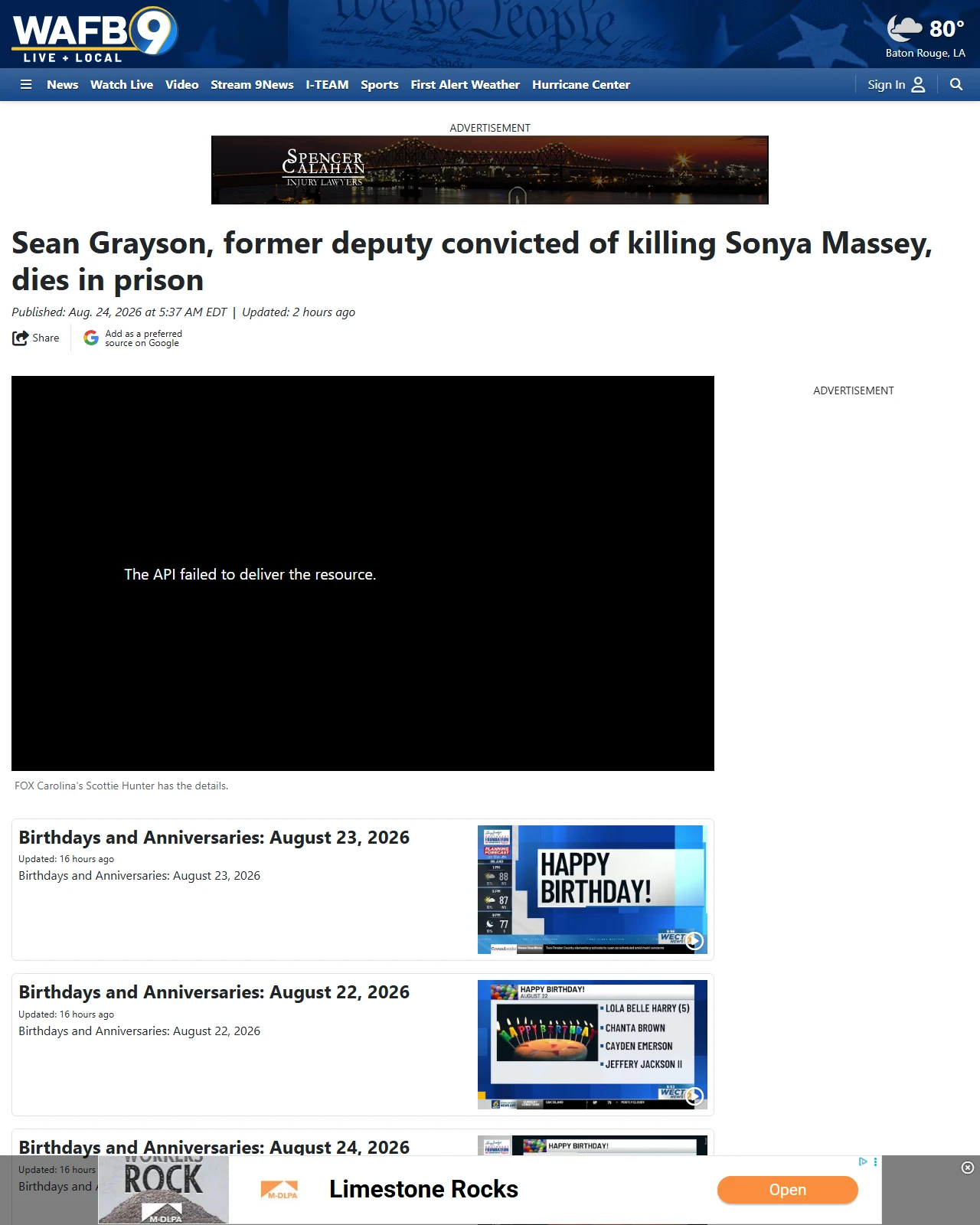 wafb.com as published: Sean Grayson, former deputy convicted of killing Sonya Massey, dies in prison