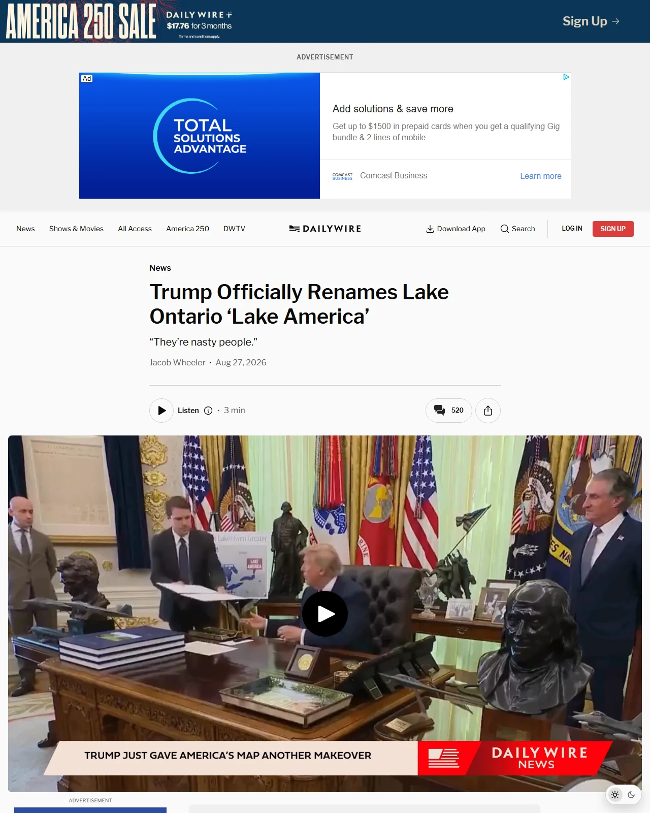 dailywire.com as published: Trump Officially Renames Lake Ontario ‘Lake America’