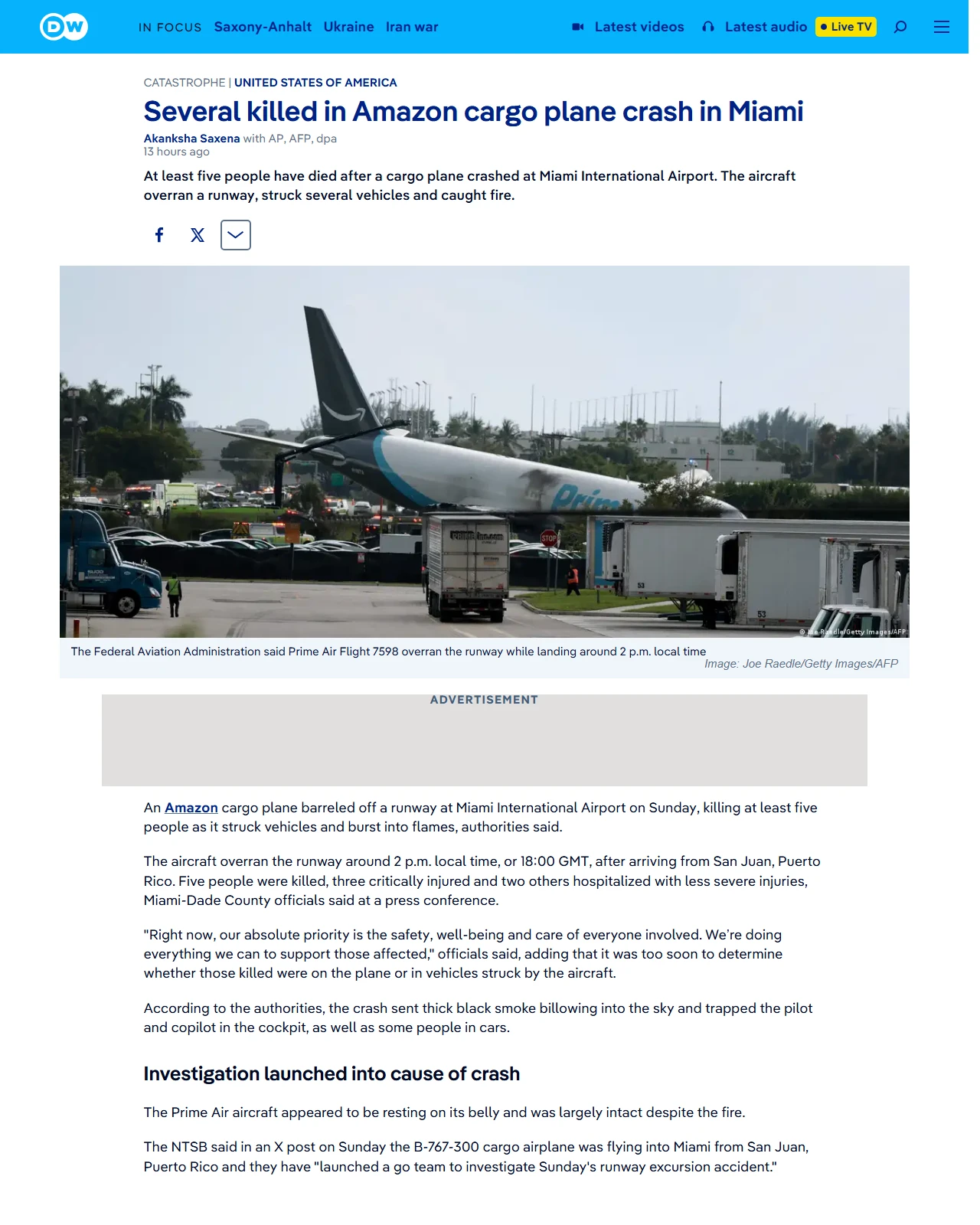 dw.com as published: Several killed in Amazon cargo plane crash in Miami