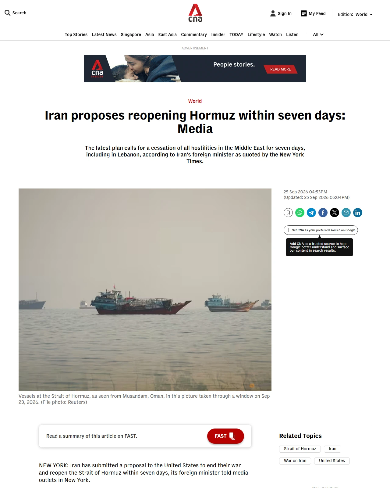 channelnewsasia.com as published: Iran proposes reopening Hormuz within seven days: Media